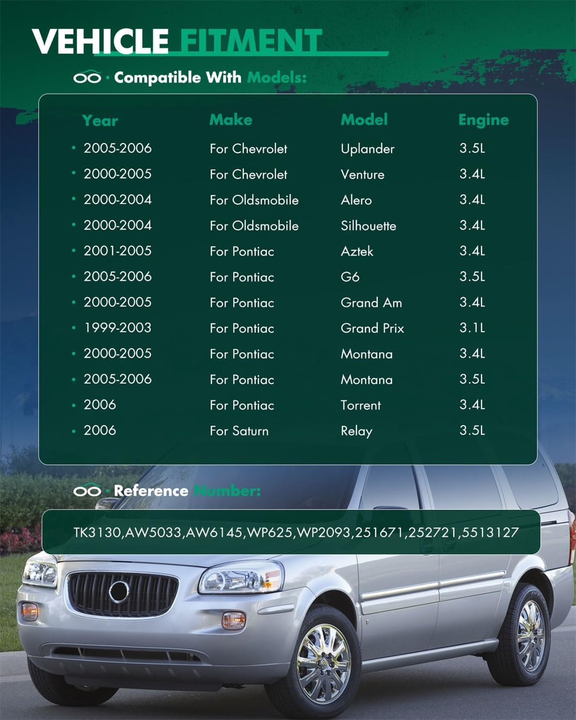 TK3130 Timing Chain Kit Water Pump Sets Replaces for Buick Regal Terraza for Chevy Impala for Malibu Venture for Oldsmobile Alero Cutlass Ciera Supreme Silhouette for Pontiac Grand Am 95-06