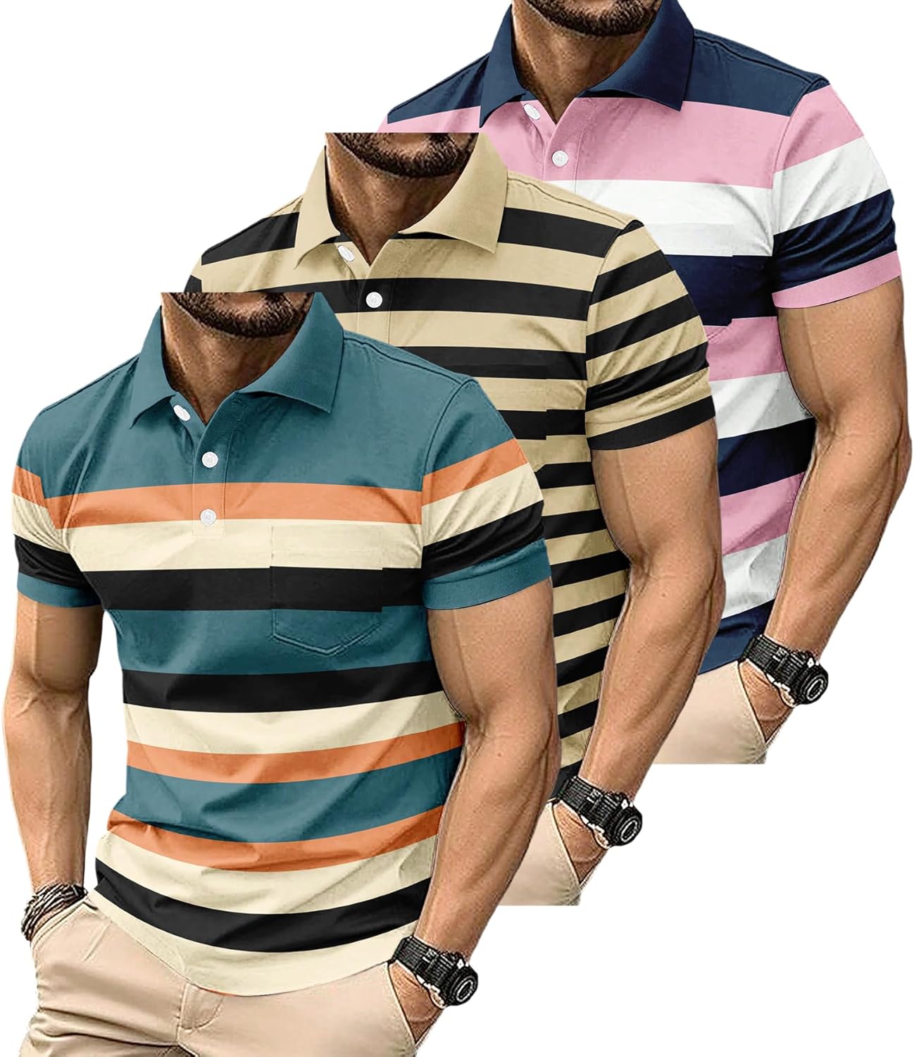 3 Pack Mens Striped Golf Shirt Moisture Wicking Quick-Dry Short Sleeve Casual Print Collared Golf Polo Shirts