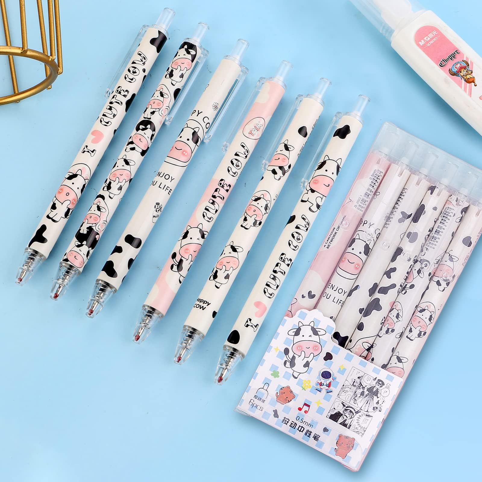 UIXJODO Kawaii Cute Cow Print Pens, 12 Black Ink Retractable Gel Pens, Smooth Writing, Office & School Supplies, Great Gifts