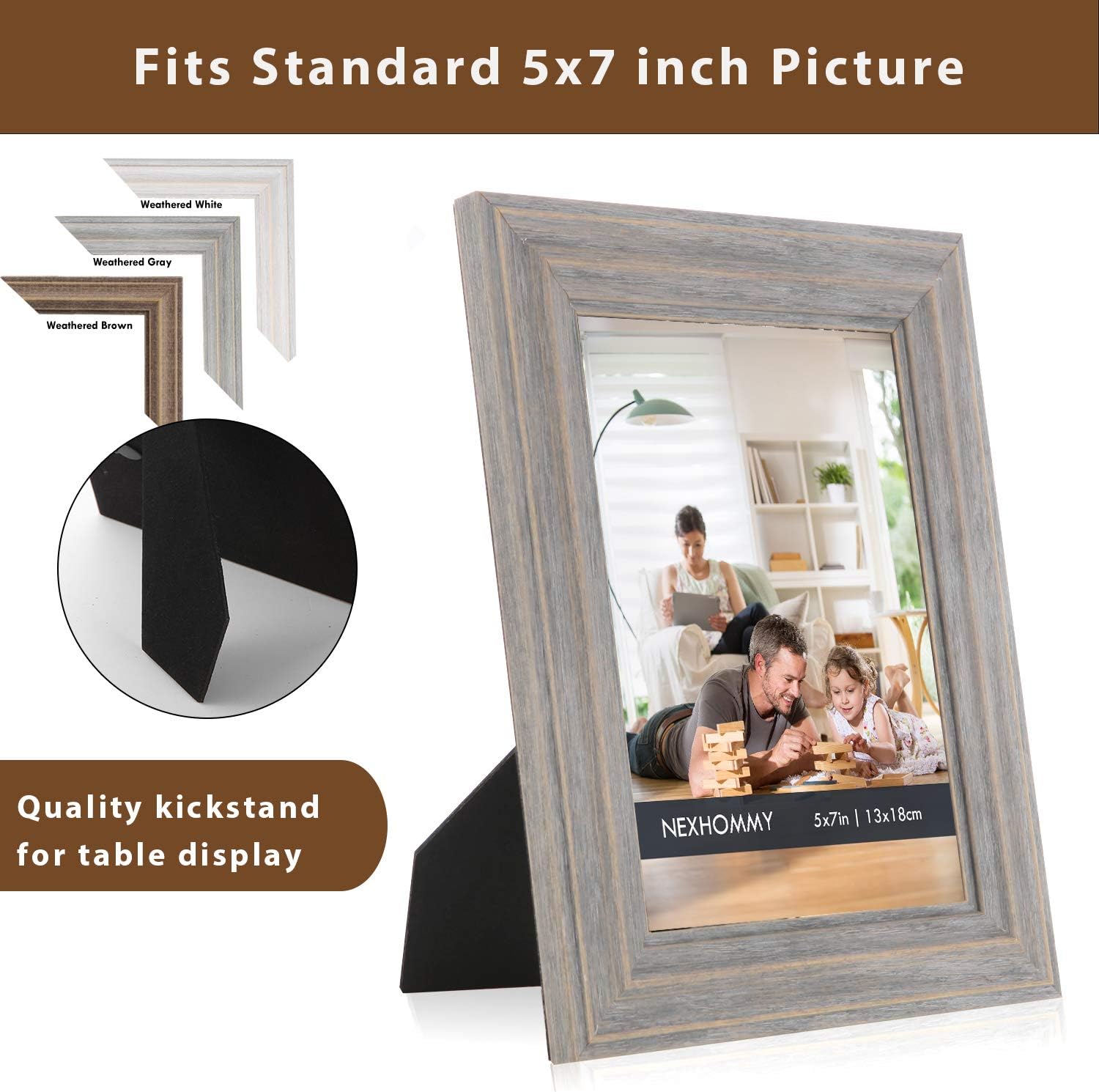 5x7 Picture Frames Distressed Gray - Weathered Look (3 Pack) Farmhouse Wood Grain Designed with High Definition Glass For Table Top Display And Wall Hanging Set Of 3