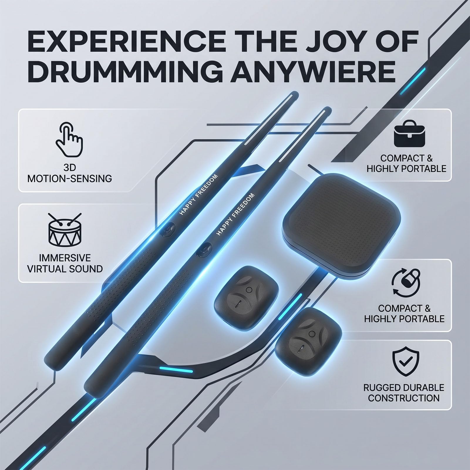 ZJchao Kit de Baguettes électroniques Air Drumsticks, Batterie Virtuelle avec Pédales à Détection de Mouvement 3D, Convertisseur de Son, Portable et Rechargeable, pour la Maison, le (BLACK)