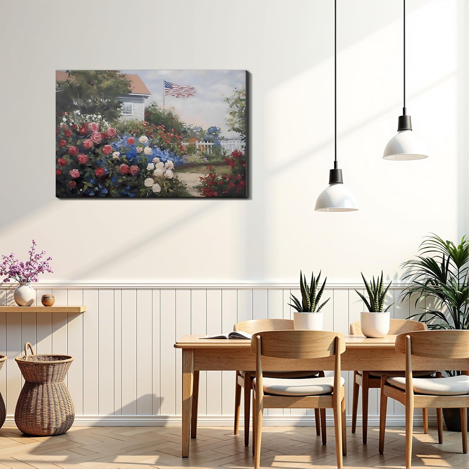 Framed American Flag Cottage Rose Garden Wall Art, Patriotic Floral Canvas Art Pictures, USA Flag Wall Decor for Living Room Bedroom Bathroom, Ready to Hang Made in USA