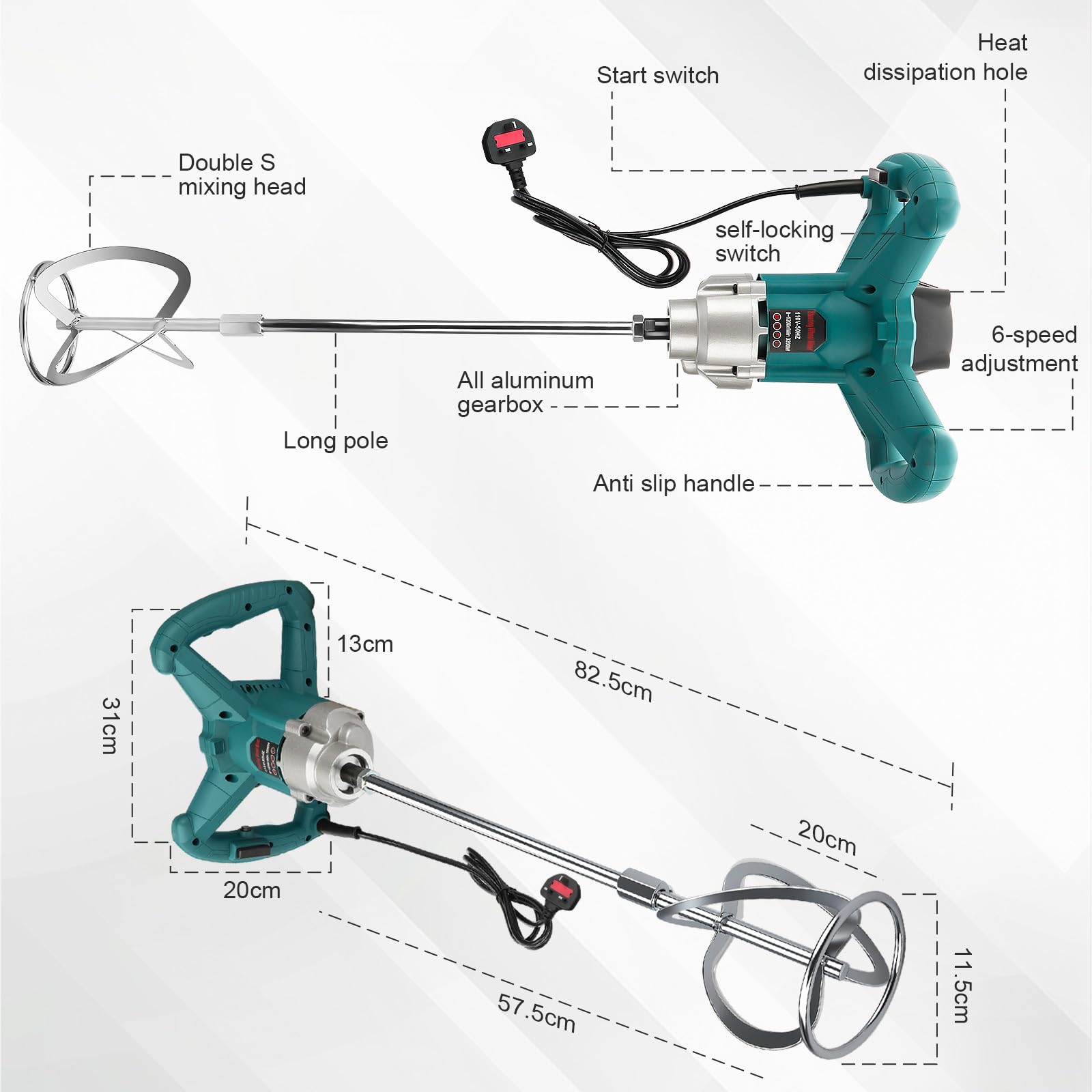 WingFly Miscelatore per malta 3200W, miscelatore per calcestruzzo elettrico a 230V, miscelatore per vernici e malta, cambio a 6 marce, miscelatore manuale elettrico per calcestruzzo, per miscelazione
