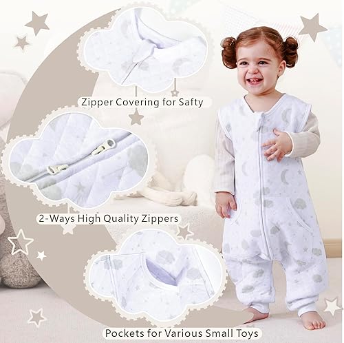 Miniatura 2 de POPINPAWS 1.0 TOG - Saco de dormir para niños pequeños 2T-3T, saco de dormir blanco con pies, manta para bebé para todas las estaciones