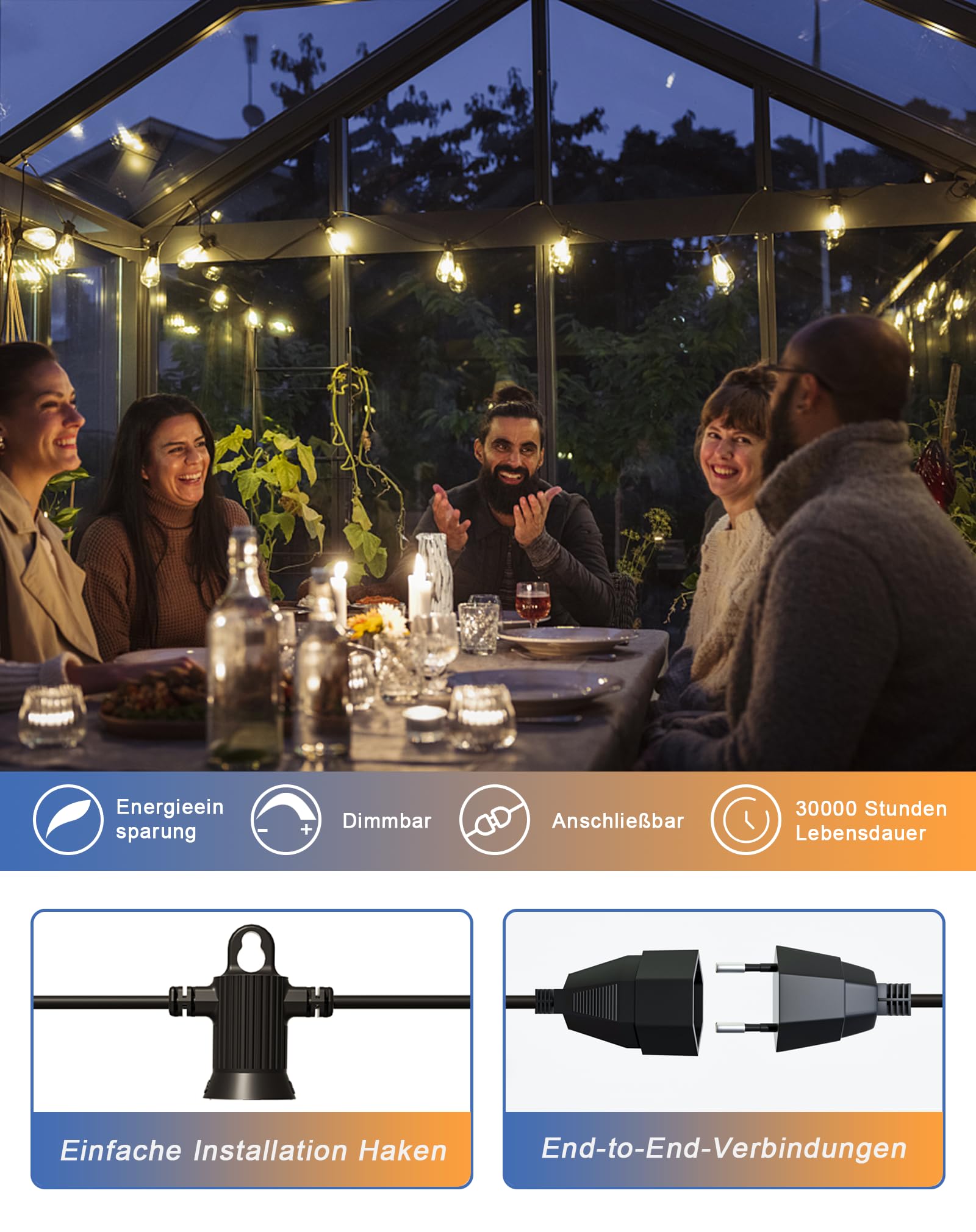 LED Lichterkette Außen Strom 45m, Lichterkette Glühbirnen Aussen mit 73+3 Dimmbaren Warmweißen Birnen, Wetterfeste Lichterkette Outdoor für Terrasse, Garten, Party, Balkon, Hochzeiten
