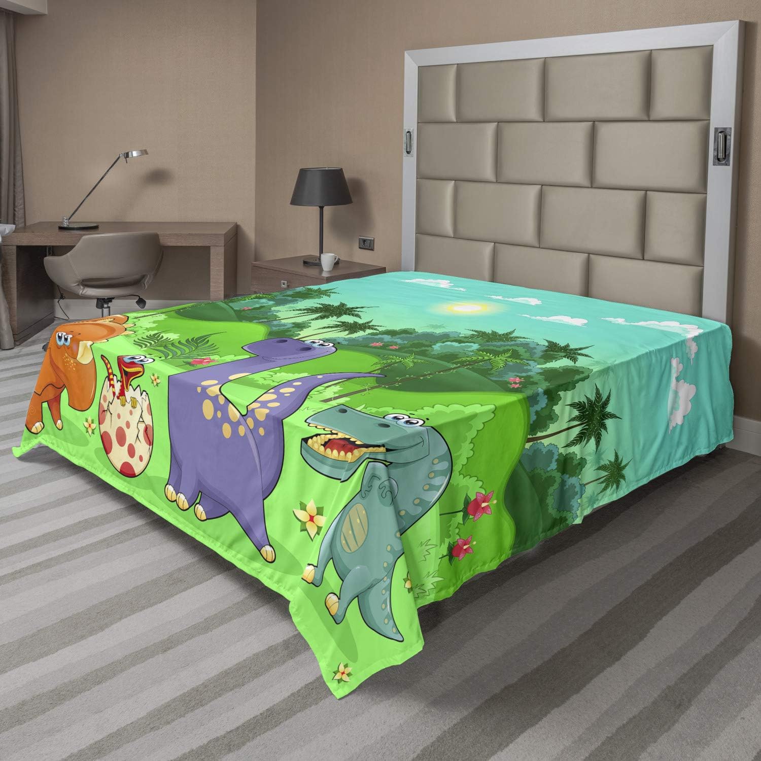 Ambesonne Cartoon Flat Sheet, Funny Dinosaurs and Tropical Rainforest Jungle Green Landscape Theme, Soft Comfortable Top Sheet Decorative Bedding 1 Piece, Full Size, Multicolor