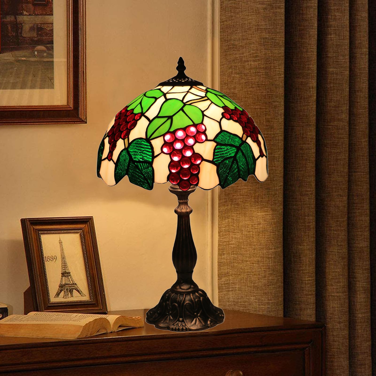 Tiffany Tischlampe, 12 Zoll Retro Lampe, Vintage Nachttischlampe, Deko Tischleuchte, Handcraft Bunte Glas Lampenschirm, Traube Muster, Mit E27 LED Glühbirne, für Schlafzimmer Wohnzimmer Büro