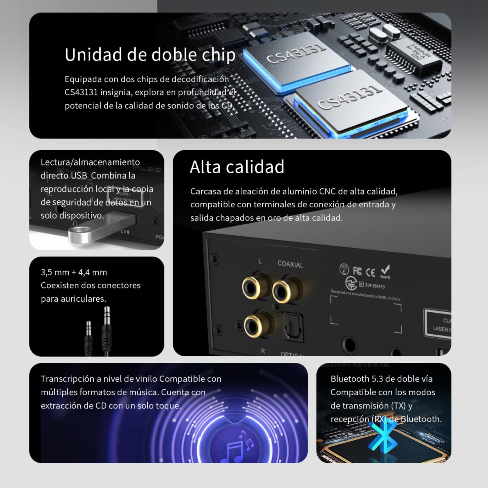 SMSL PL20 Reproductor de CD HiFi para Casa, con Función de Ripping de CD, Bluetooth para Auto, 2 chips CS43131, Entrada USB/Bluetooth, Salidas RCA/BT/3,5 mm/4,4 mm Balanceada/Óptica Digital/Coaxial