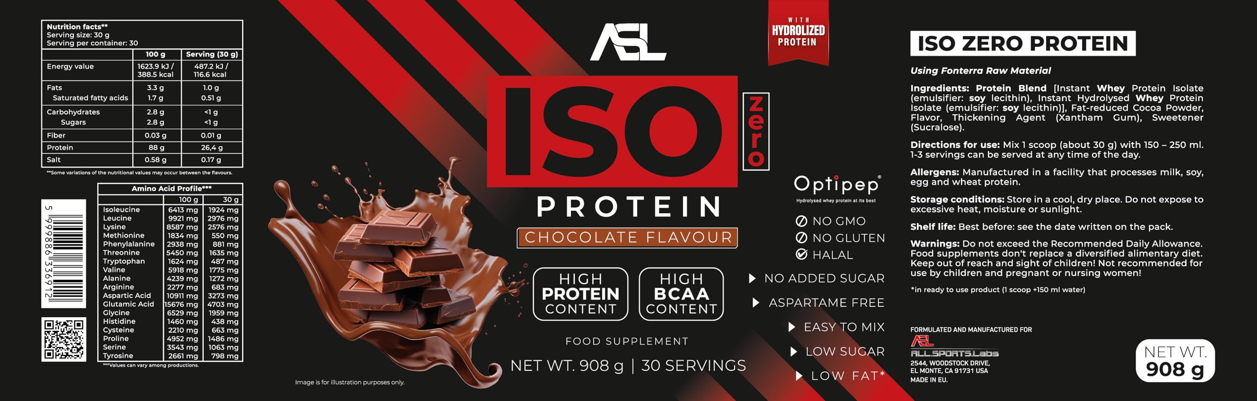 All Sports Labs Iso Zero Protéine – Chocolat – Isolat & Hydrolysat de Whey (Optipep®) – 88% Protéines – Faible en Sucres – Idéal Sèche & Récupération Musculaire – 908 g