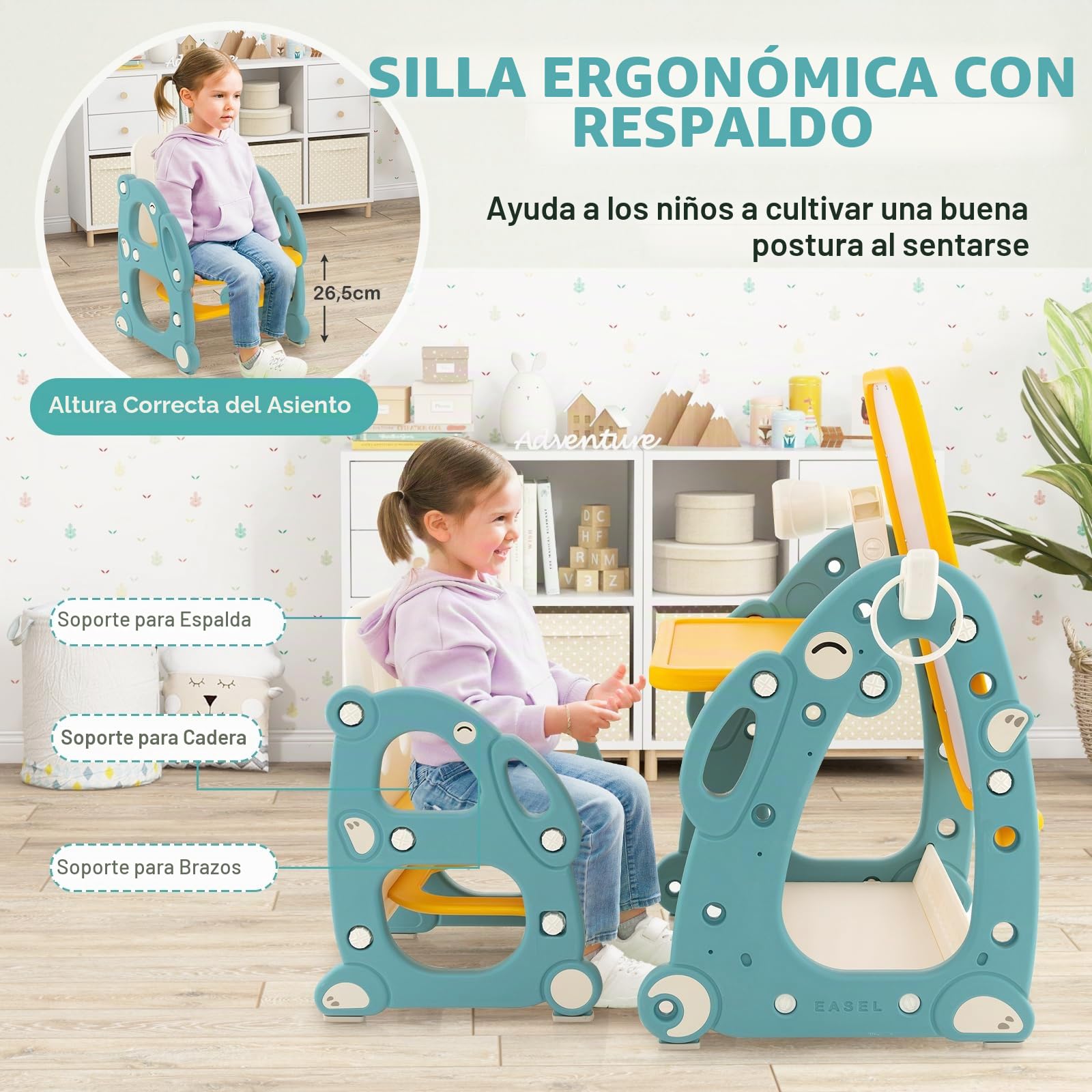 RELAX4LIFE 4 En 1 Mesa de Actividades para Niños con Silla, Caballete para Niños Regulable en Altura con Espacio de Almacenamiento, Pizarra, Telescopio y Juego de Anillos para 1-8 Años