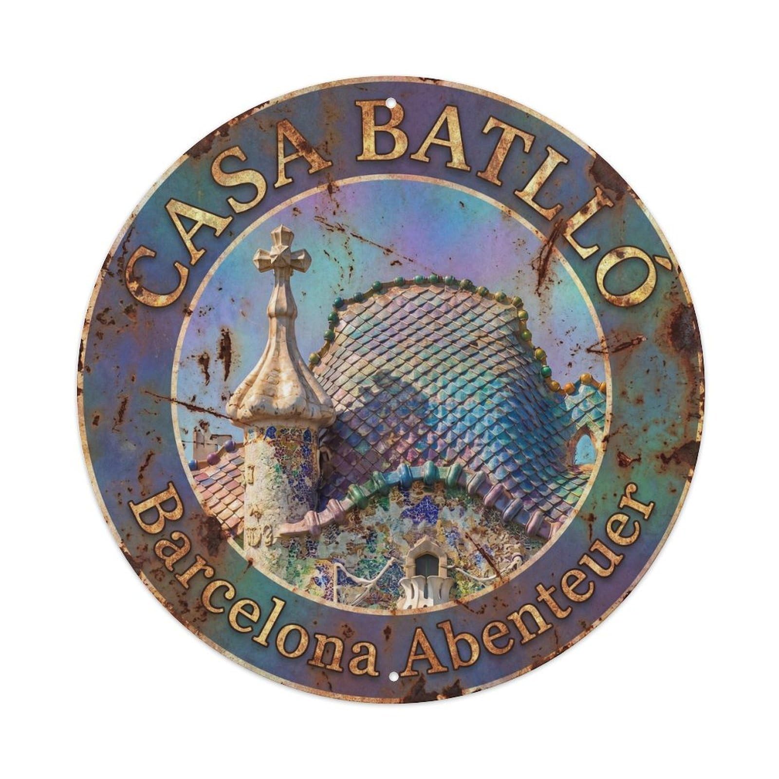 Barcelona Modernist Spire Landmark Vintage Travel Adventure Metal Tin Sign Plaque Wall Decor for Cafe, Man Cave, Club Bar, Office, Home Garden Round Metal Poster 8x8Inch