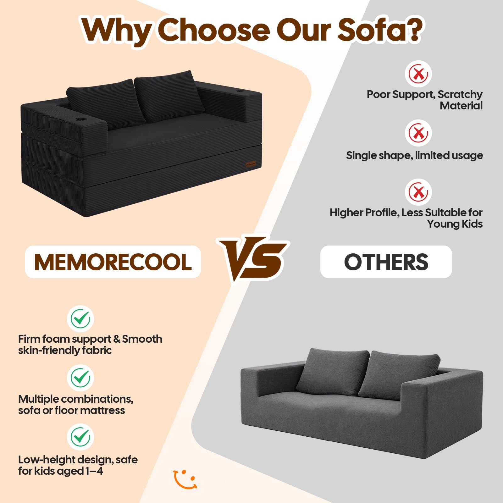 MeMoreCool Boneless Sofa Bed Queen, 94x59 in Extra Long Futon, Black | Folds out to a 94 in bed, longer than a queen mattress