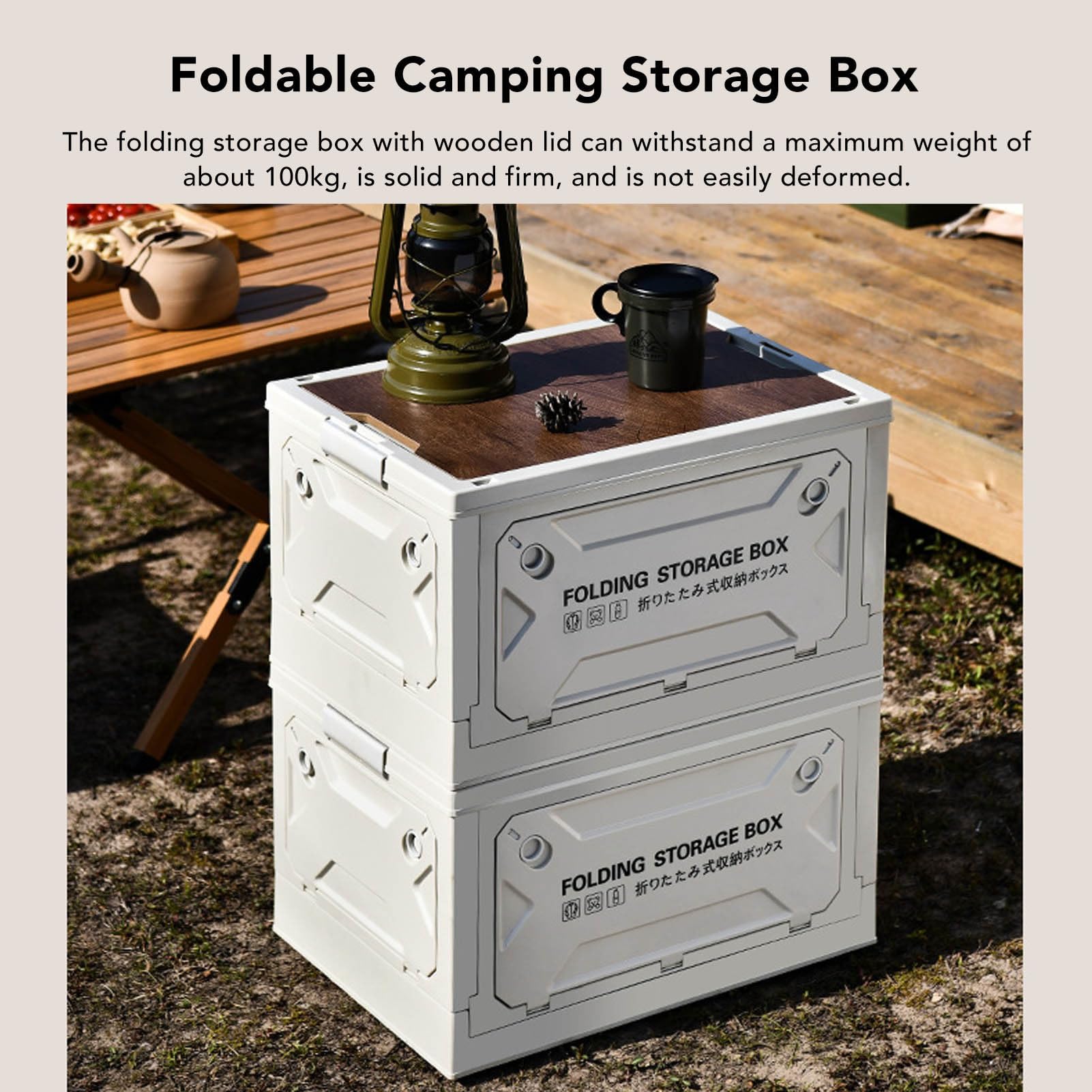 Contenedor de Almacenamiento Plegable de 50 Litros con Tapa, Caja de Almacenamiento Plegable Apilable Conta y Ruedas de Madera, Contenedores de (Gris blanco)