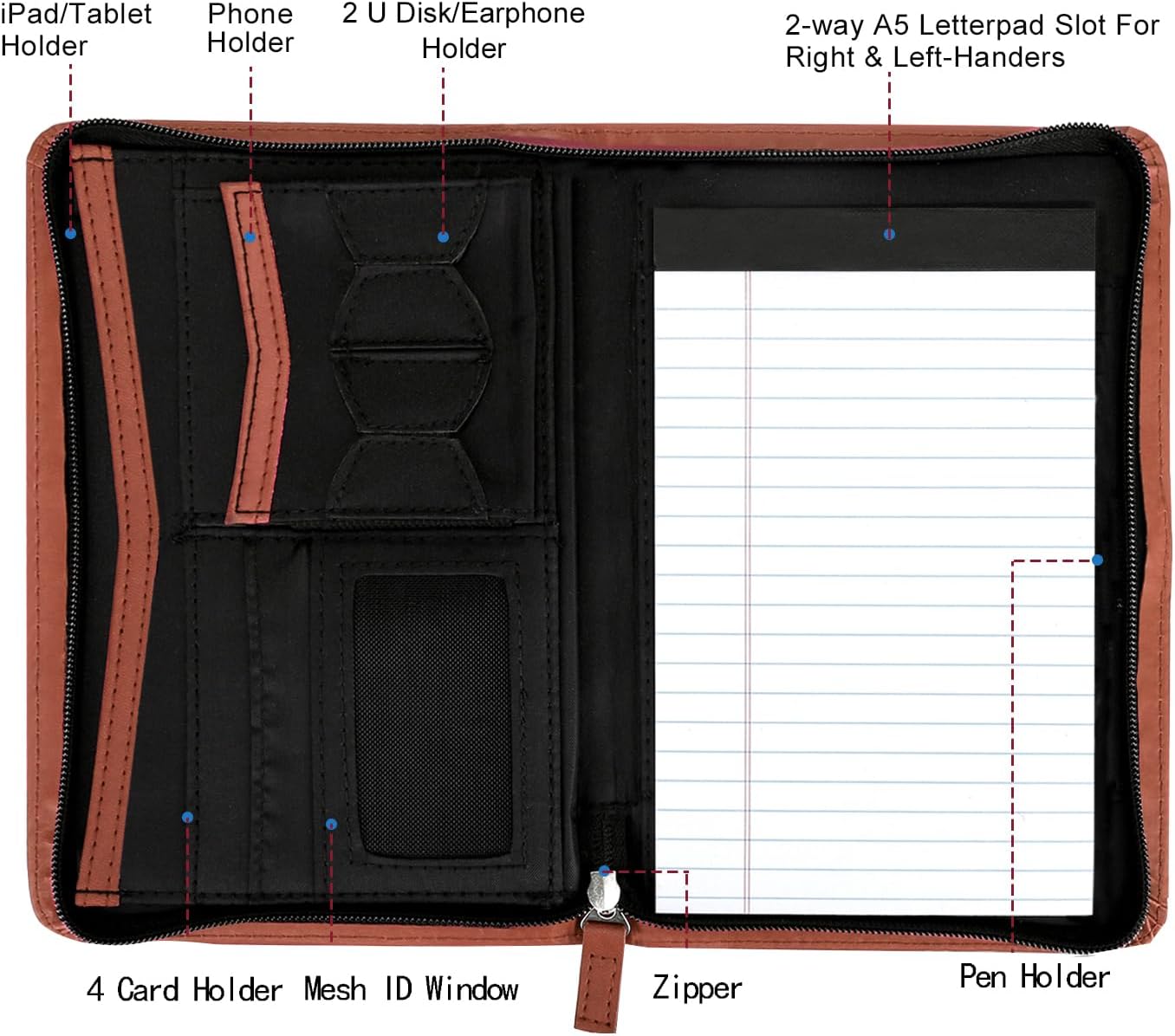 Junior Padfolio Portfolio with 5 x 8 Writing Pad, A5 Business Portfolio Binder Folder Organizer Multi-Function Combination Case for Men Women, Brown - Image 4