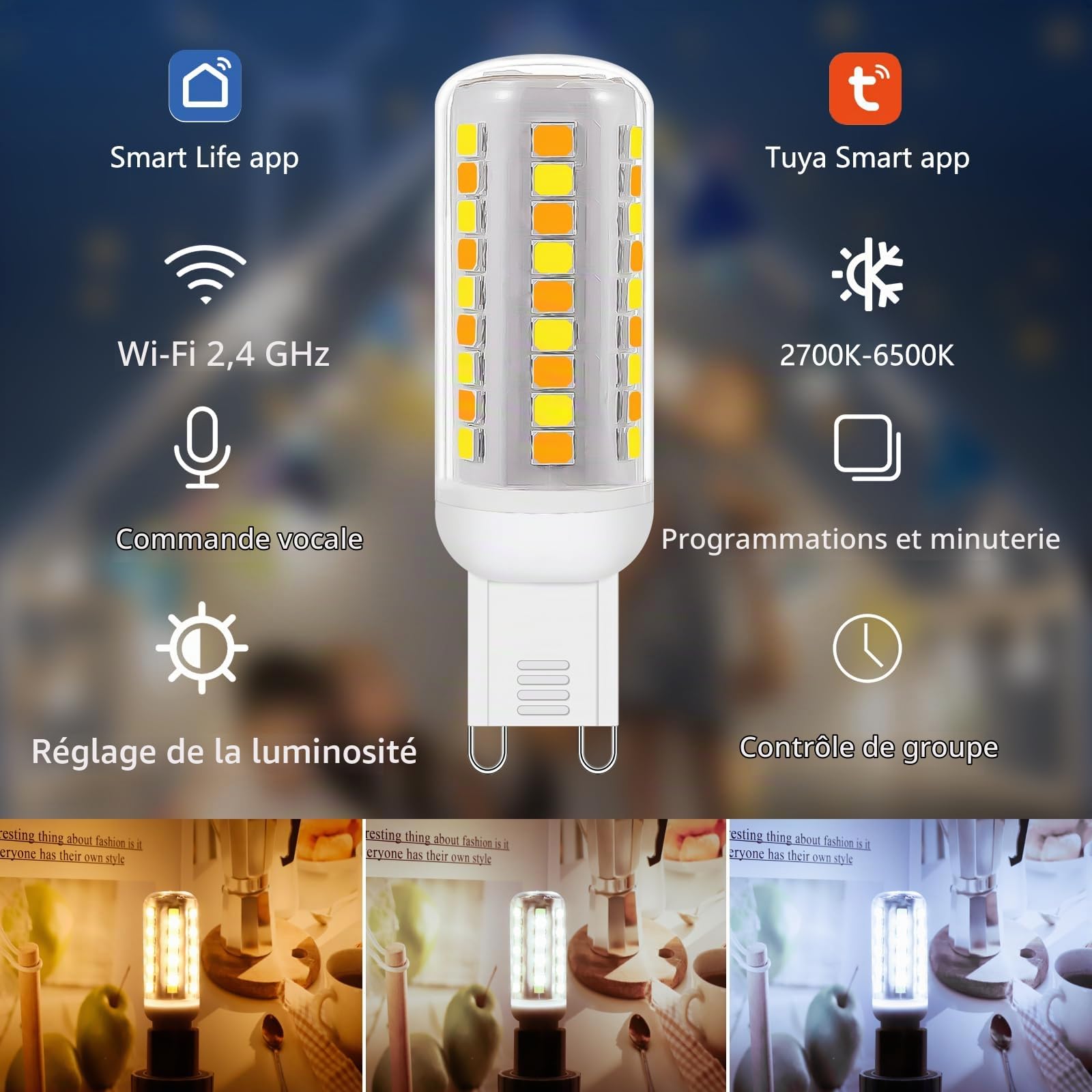G9 Ampoules LED Dimmable Smart WiFi, Compatible Avec Alexa/Google Home, AC 220V Variable en Continu, 2700K-6500K, Luminosité Réglable de 1% à 100%, 0.4-4W, 40LM-400LM, Fonction Minuterie, Pack de 3