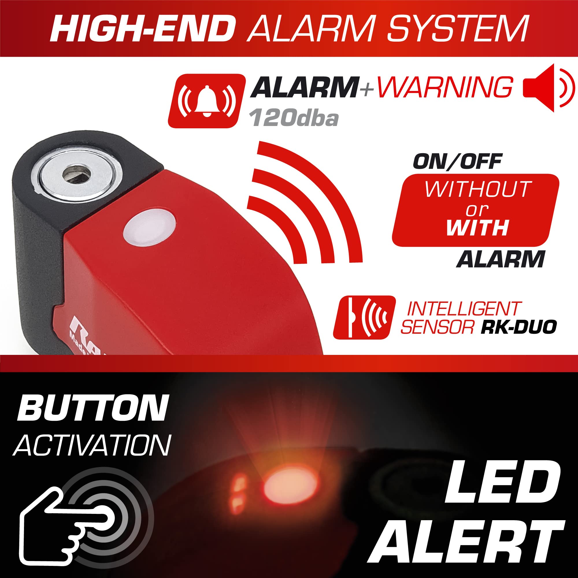 Bloccadisco Antifurto Moto URBAN UR6 - Allarme 120 DB, Sensibilità A+, LED, Impermeabile, Batteria CR2, Universale Per Moto E Bici