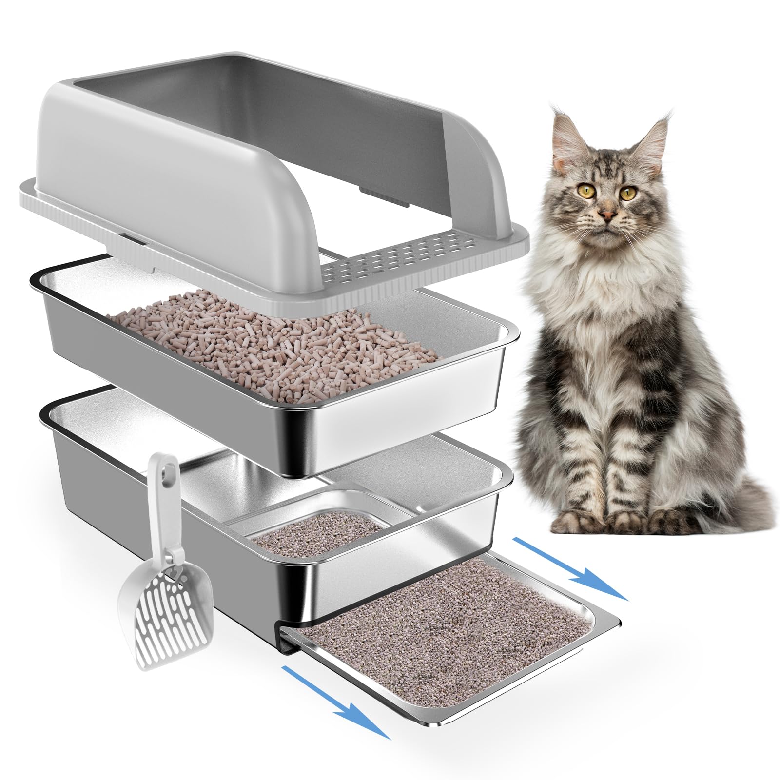 23.6"x15.7"x6" Stainless Steel Litter Box with Lid, XL Sifting Litter Box for Pine Pellets with Removable Drawer Pan for Easy Cleaning, High Sides Large Metal Litter Box System for Big Cats