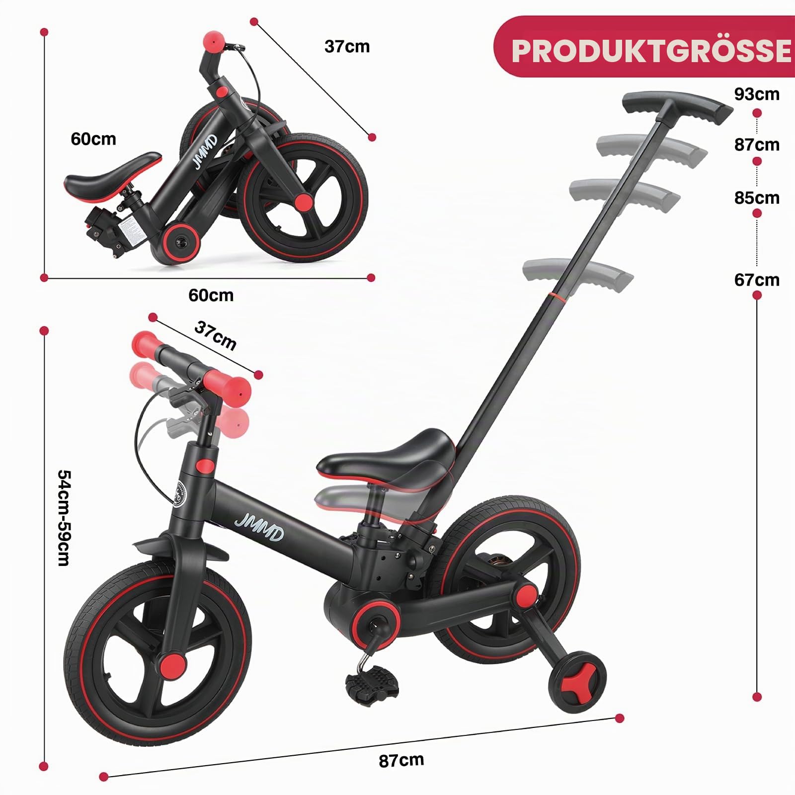 JMMD 6-in-1 Kinderfahrrad mit Stützrädern und Pedalen, Alter 18 Monate-5 Jahre, 12 Zoll Konvertierbares und Faltbares Laufrad & Fahrrad mit Verstellbarem Elternschiebegriff, Ständer, Bremsen