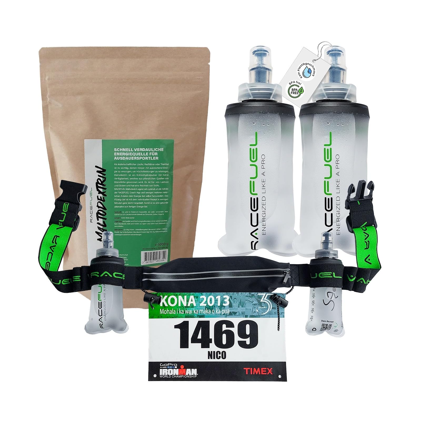 RaceFuel Energy Kit Basic, 1kg Maltodextrin Kohlenhydrat Pulver, Laufgürtel Startnummernband mit 2X 150 ml Softflasks, DIY-Energy-Gel, Laufgurt, Faltbare Trinkflasche für Laufen