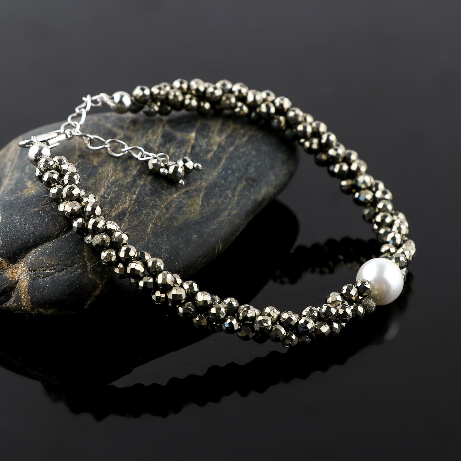 CRYSTALIS Natural Pyrite Beads Twisted Rope Bracelet with Elegant Pearl, High Grade Gemstones, Chakra Healing Stones, Gift Giving Womens Jewelry, 925 Sterling Silver Bracelet 8 inch - Image 3