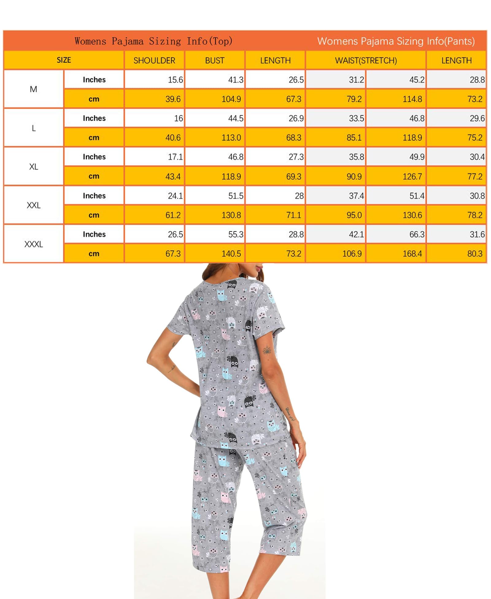 Pyjama Femme Été Coton Manche Courte Ensemble Femme Ete avec T - Shirt à Manches Courtes et Capri 2 Pièces, S-XXXL