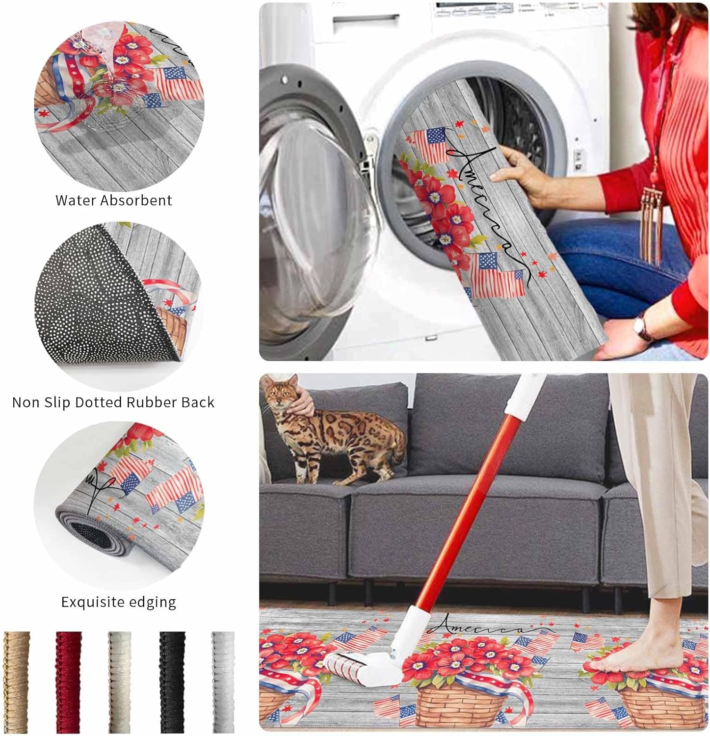2 Pieces Kitchen Rugs and Mats,Independence Day American Patriotic Flower Area Runner Rug Set Non Slip Floor Doormat Washable Carpet Standing Mat for Kitchen Sink Indoor Corridor,Retro Wood USA Flag