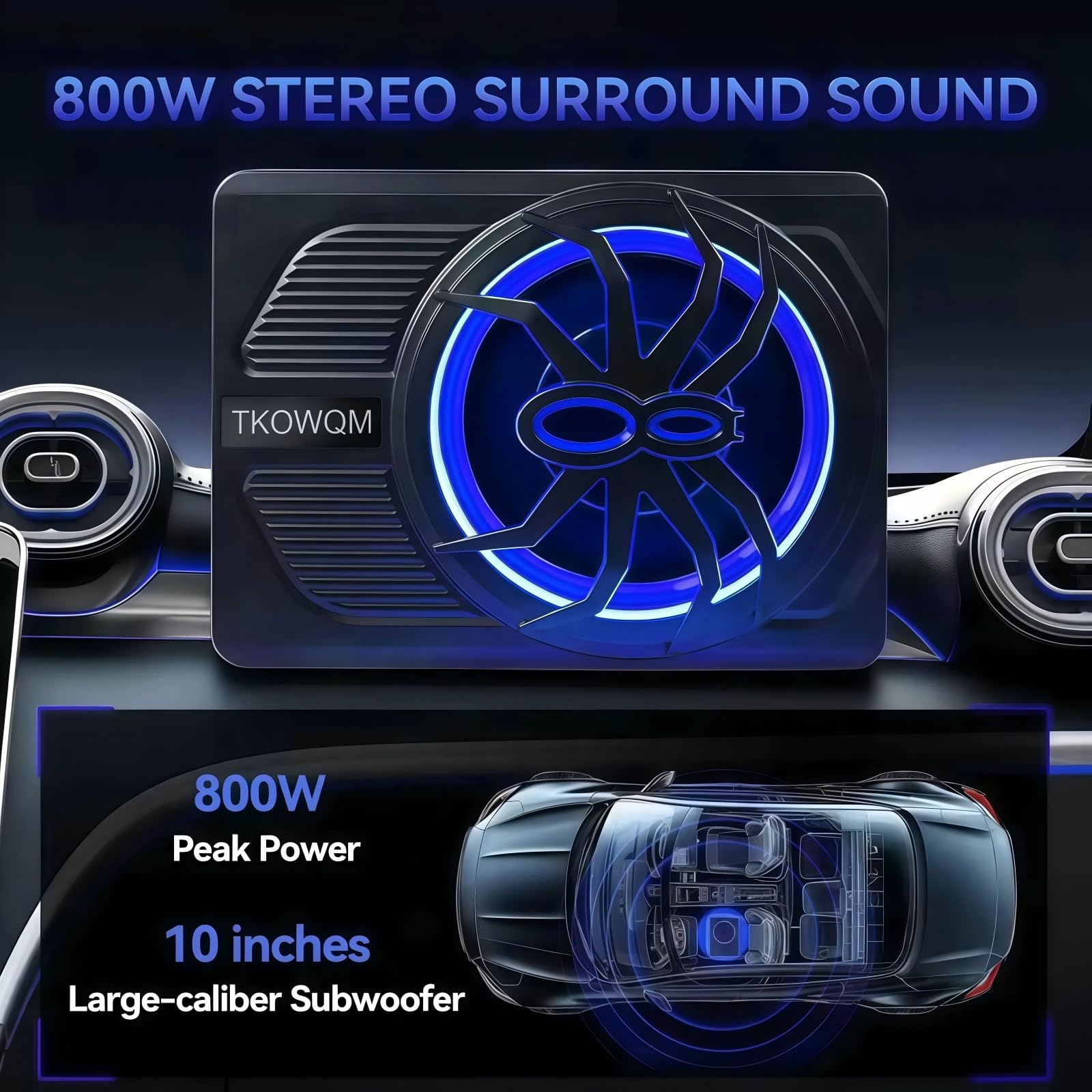 Subwoofer Activo para Coche 10" 800W, Subwoofer Autoamplificado Bajo Asiento con Amplificador Integrado y Luz LED Azul para Coche