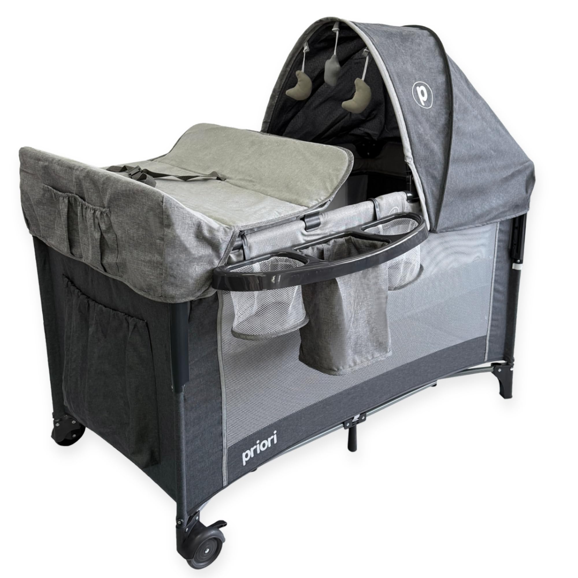 Priori Baby Halley Cuna Colecho Convertible 2 en 1 para Bebé – Portátil con Cambiador, Toldo y Juguetes, Regulable en Altura con Malla Transpirable Ruedas con Freno y Colchón Suave, Hasta 15 kg (Gris)