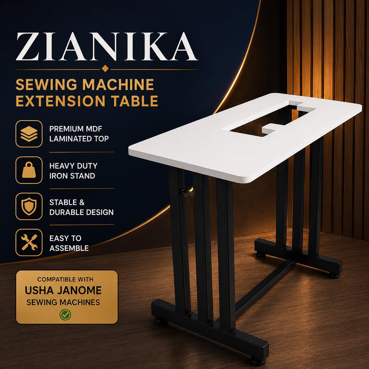 Extension Table Top with Stand for Sewing Machines, Iron, Metal, Laminated Wood, Powder Coated Finish, White & Brown, Compatible with Usha Janome Allure DLX — Amazon image 7