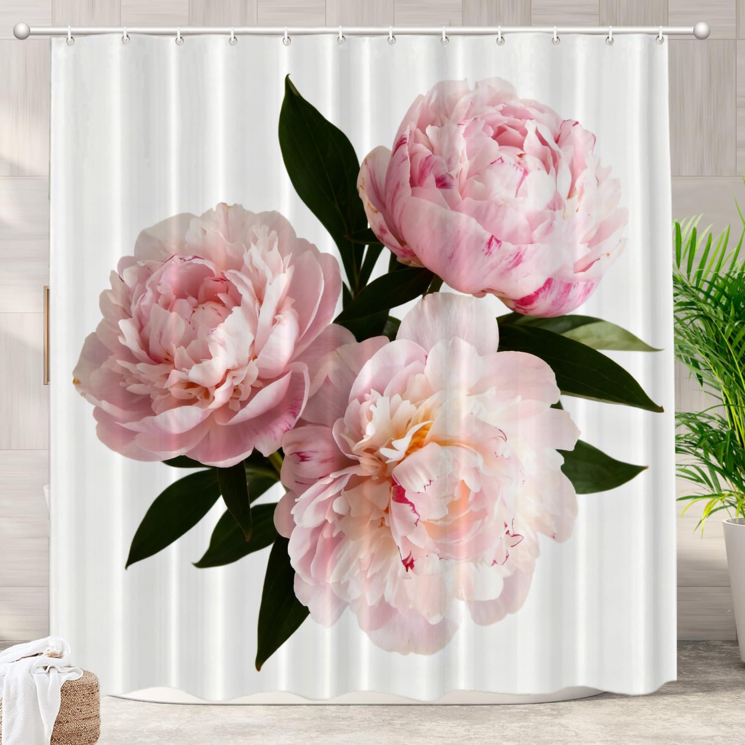 Rideau de douche pivoine rose en polyester haut de gamme avec anneaux résistants 182cm