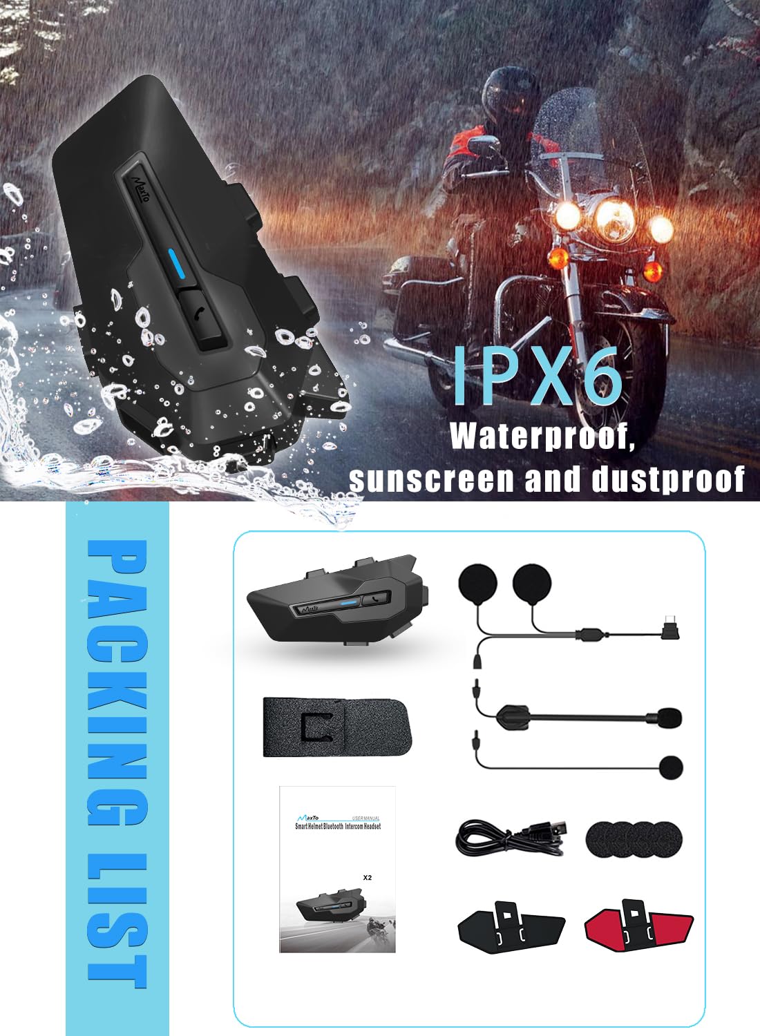 MAXTO Sistema di comunicazione per moto, X2 2 driver, 1000 m, cuffie Bluetooth per moto, con rilascio di musica, suono stereo Hi-Fi, radio FM, IPX6, casco da moto, altoparlante intercom (1 confezione)