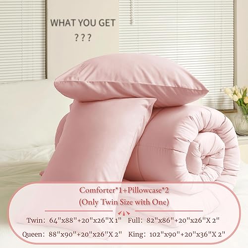 Miniatura 3 de ELNIDO QUEEN Juego de edredón Queen de 3 piezas, color rosa, tamaño Queen, para todas las estaciones, edredón alternativo ligero y 2 fundas de