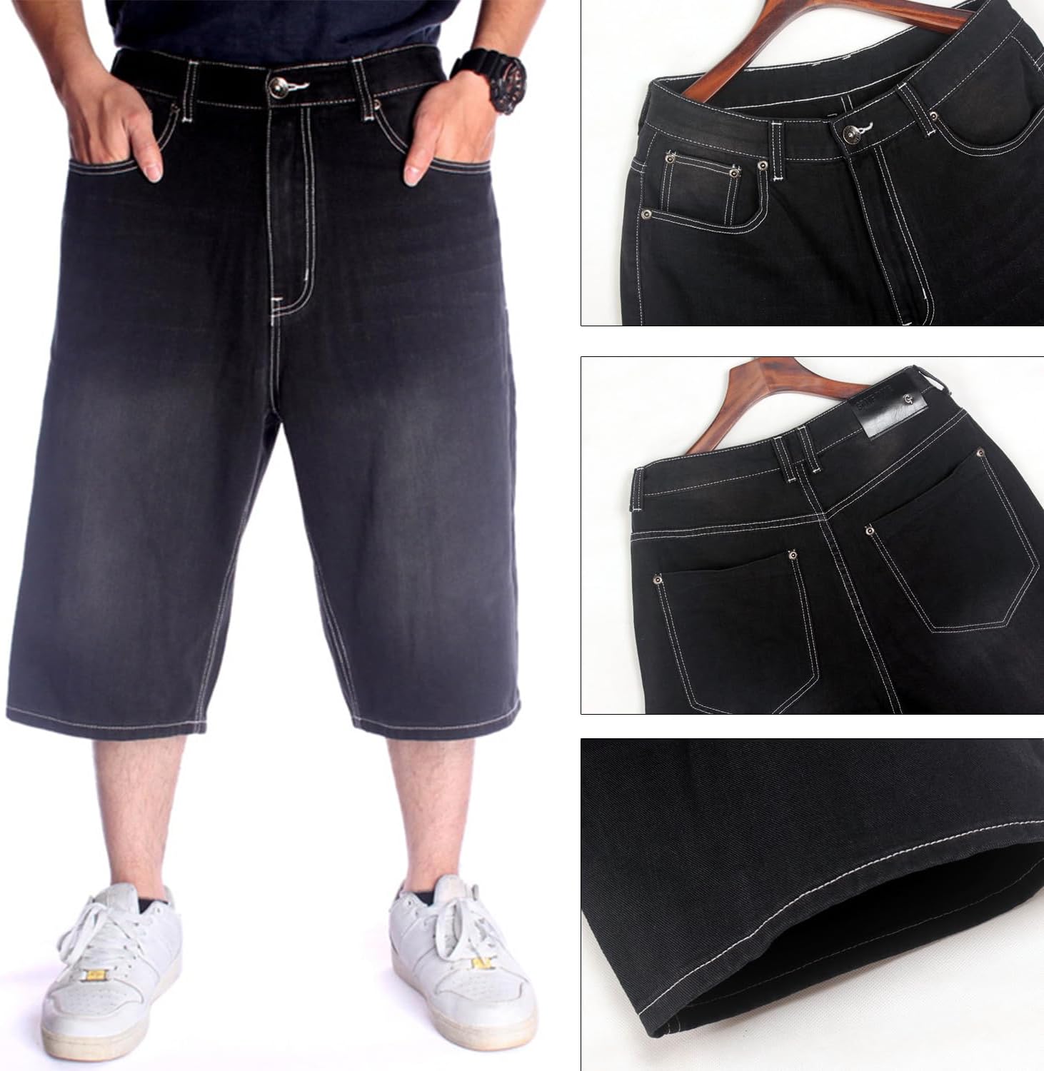 EnllerviiD Men's Baggy Jean Shorts Hip Hop Loose Fit Denim Shorts Classic Vintage Skateboard Dance Skater Shorts