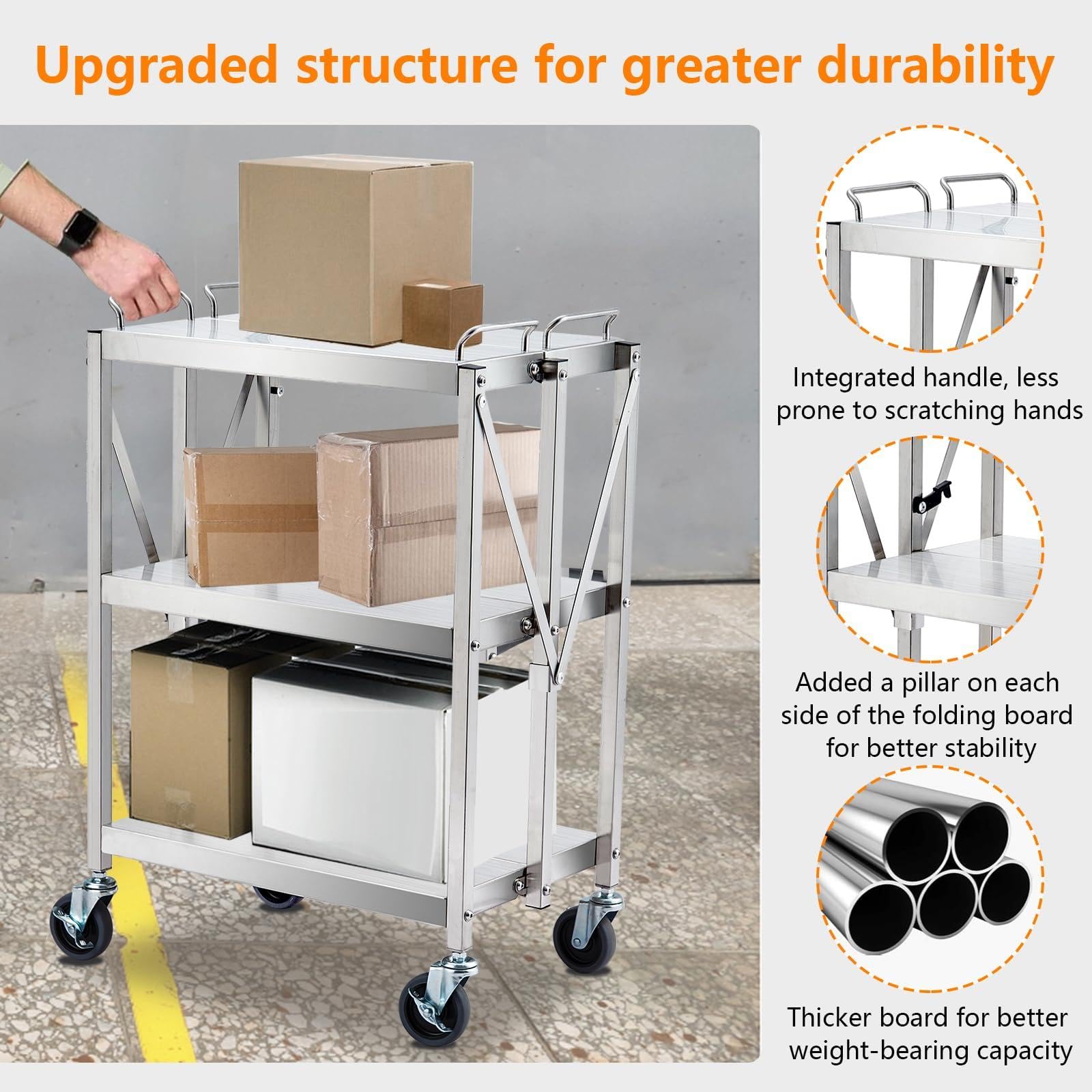 Garvee Carro Plegable de Acero Inoxidable 3 Niveles, Carrito Multiusos con Ruedas con Freno, Carro de Servicio Compacto para Cocina, Almacén, Oficina y Restaurante