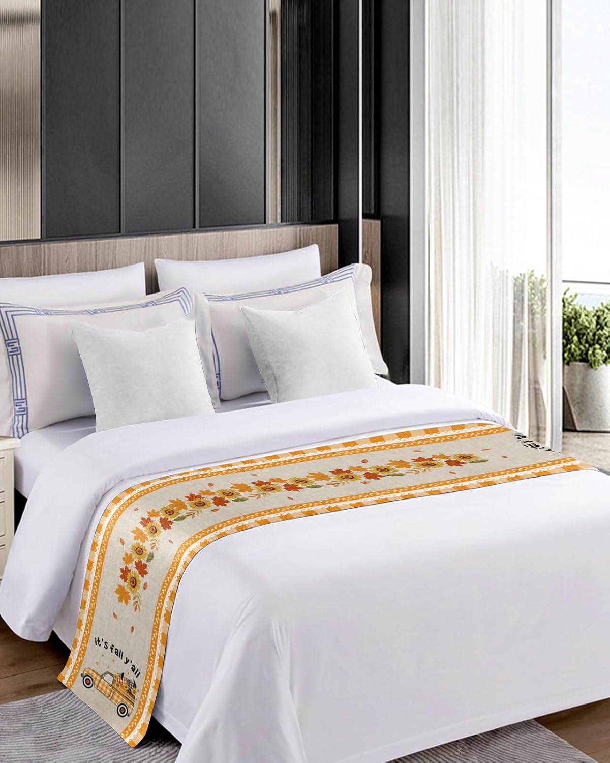 Thanksgiving Bed Runner Scarf Thanksgiving Truck Pull Pumpkin Orange Plaid Bedding Scarf Decorative Bed Runners Cover for Home Bedroom Hotel Wedding Room Bed Scarf for Foot of Bed King 102x20in