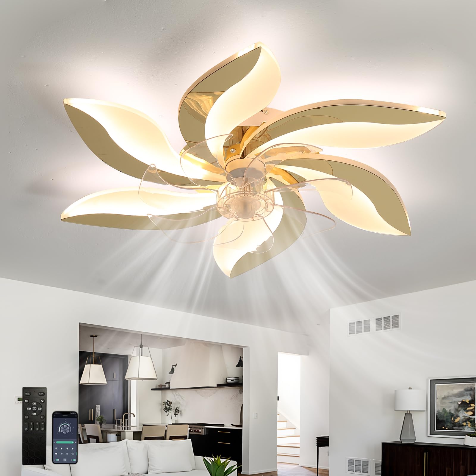 SXDMOUBK Modern LED Ceiling Fans with Lights Reversible Smart 6 Speed Bedroom Ceiling Fan Lights with Remote Control Dimmable Silent Gold Fan Light Ceiling for Lounge Living Room