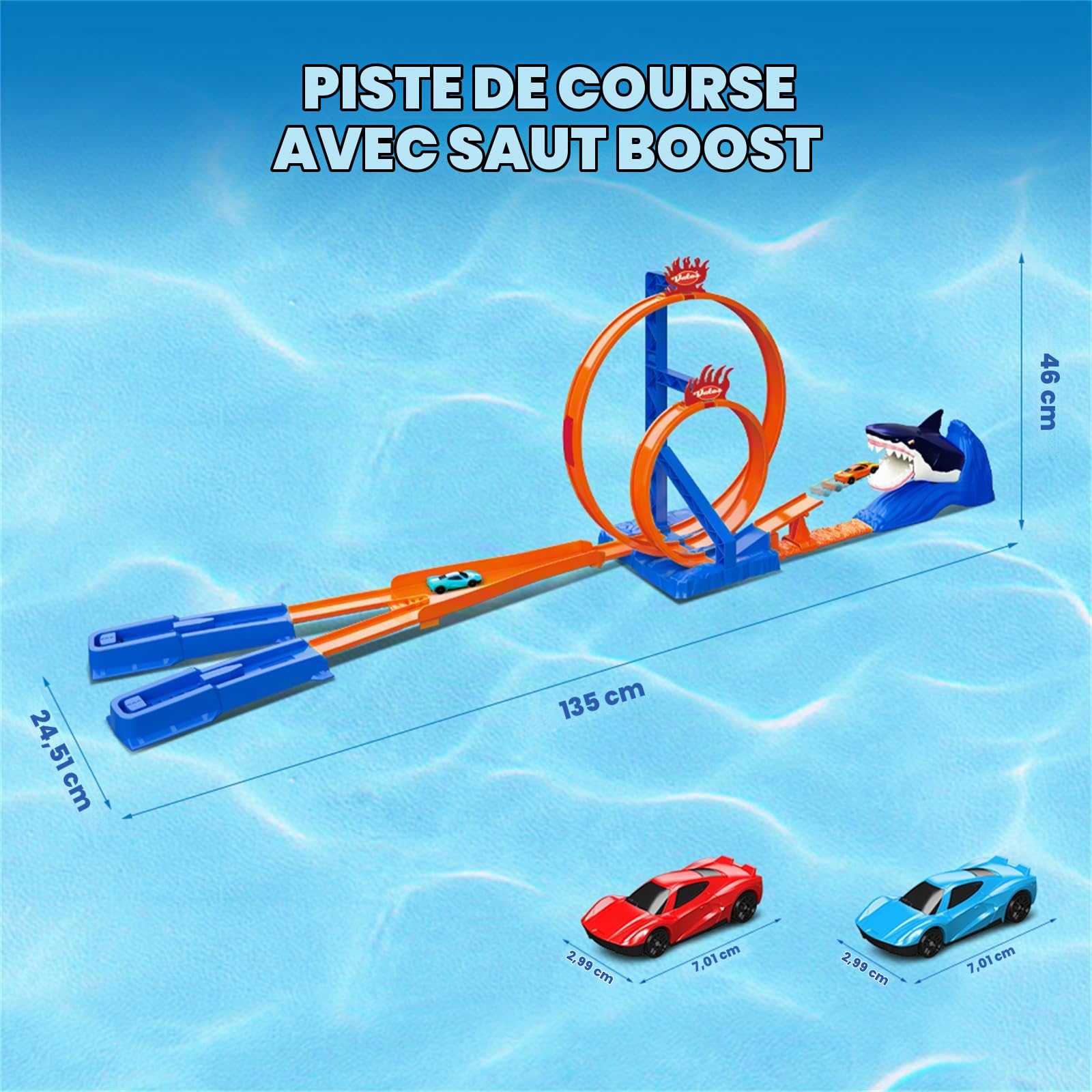 Vatos Circuit de Course Requin pour Enfants avec 2 Voitures de Course & 2 Boucles, Circuit de Cascades à la Catapulte Requin, Jouet Cadeau pour Garçons de 3, 4, 5, 6, 7, 8 Ans