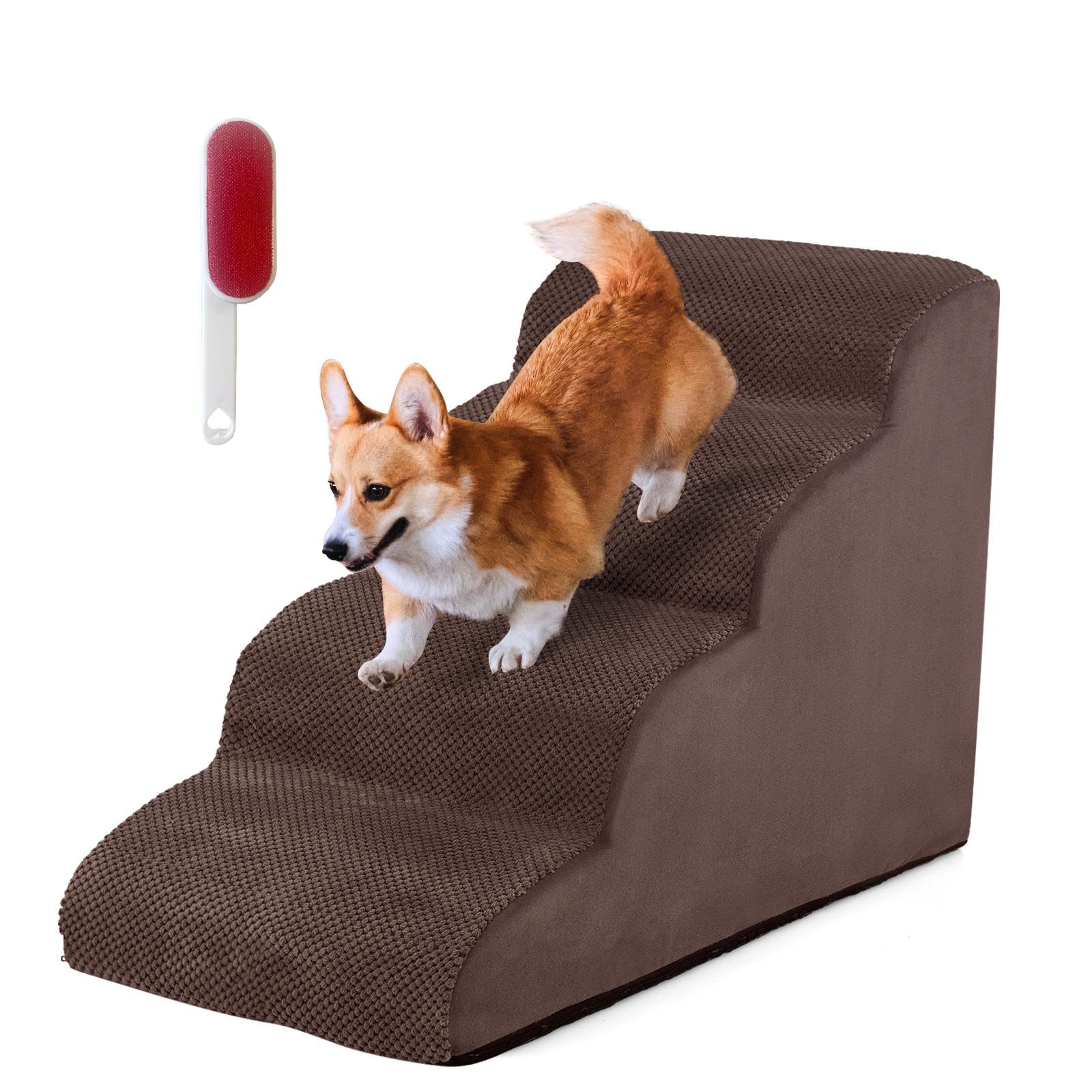SOARS Scaletta per Cani a 4 Gradini in Spugna, Rampa per Animali Copertura Rimovibile e Lavabile Antiscivolo con Spazzola, Scala per Divano e Letto, per Cuccioli e Anziani, 72 x 41 x 51 cm (Marrone)