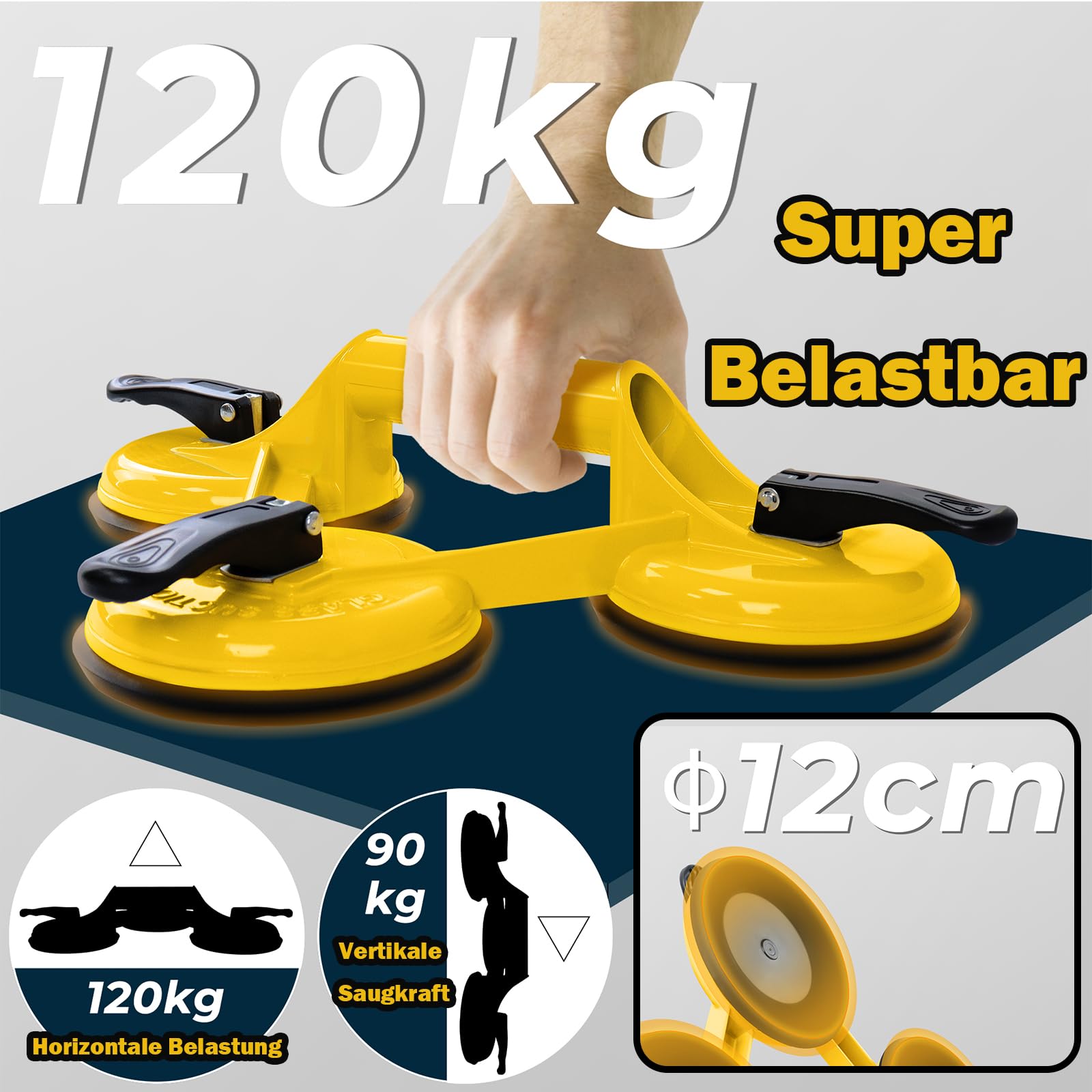 YARDIN 4er-Set Saugheber – 120 Mm Durchmesser, 120 Kg Horizontal / 90 Kg Vertikal, Für Glas, Fliesen, Laminat, Mit Ergonomischem Griff