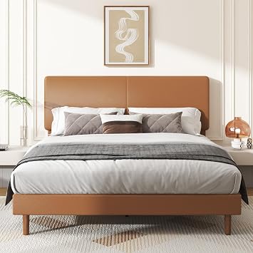 Queen Bed Frame with Adjustable Headboard, Faux Leather Upholstered Platform Bed Frame, No Box Spring Needed, Noise-Free, Easy Assembly, Orange