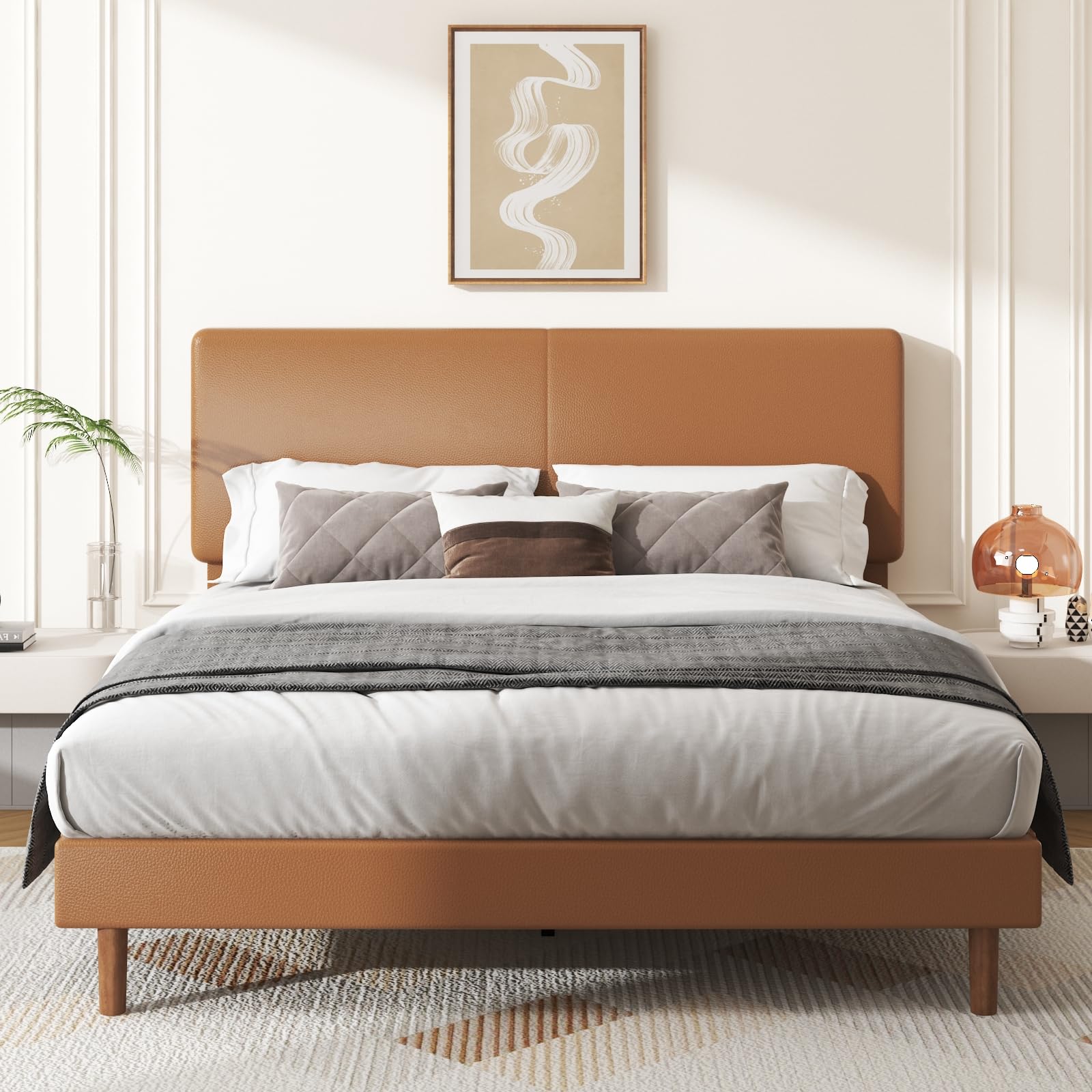 Photo 1 of ***FOR PARTS ONLY/ HAS BROKEN ASSEMBLY PIECES*** Full Size Platform Bed Frame with Adjustable Headboard, Faux Leather Upholstered Bed with Wood Slats, Heavy Duty Mattress Foundation, No Box Spring Needed, Easy Assembly, Noise-Free, Orange-Brown