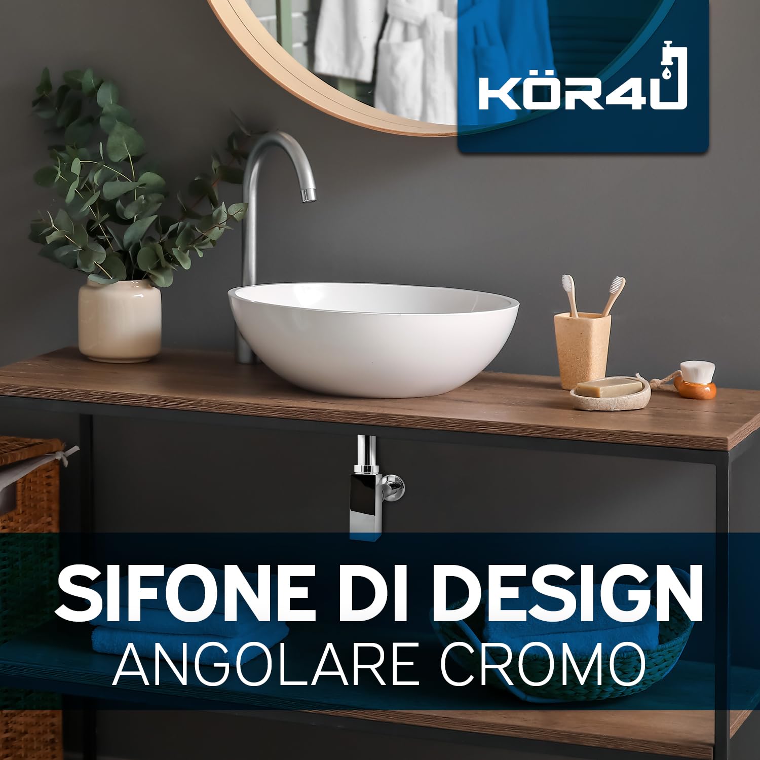 kör4u Premium Design sifone 1 1/4 pollici x 32 mm, rettangolare, cromato, universale, con guarnizioni, sifone per bagno