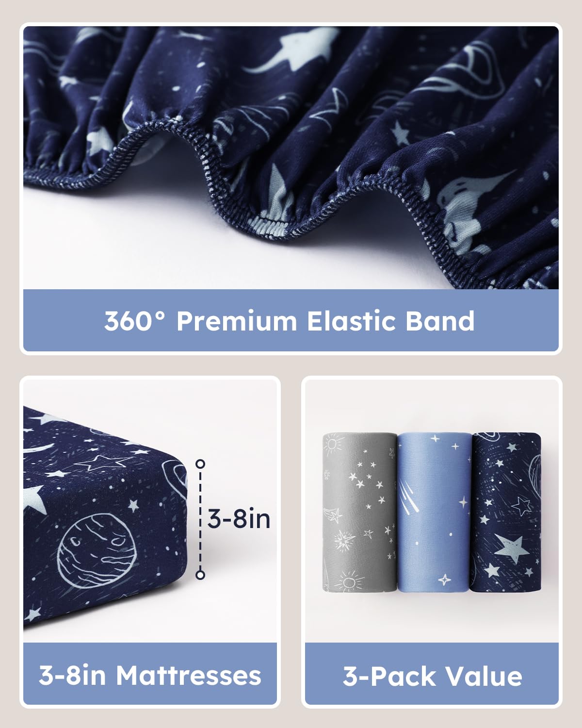 Baby Crib Sheets for Boys Girls, 28x52x8in Fitted Crib Sheet Neutral 3 Pack for Standard Crib and Toddler Mattress, Breathable Soft Microfiber Baby Sheet Blue Gray Planet - Image 5