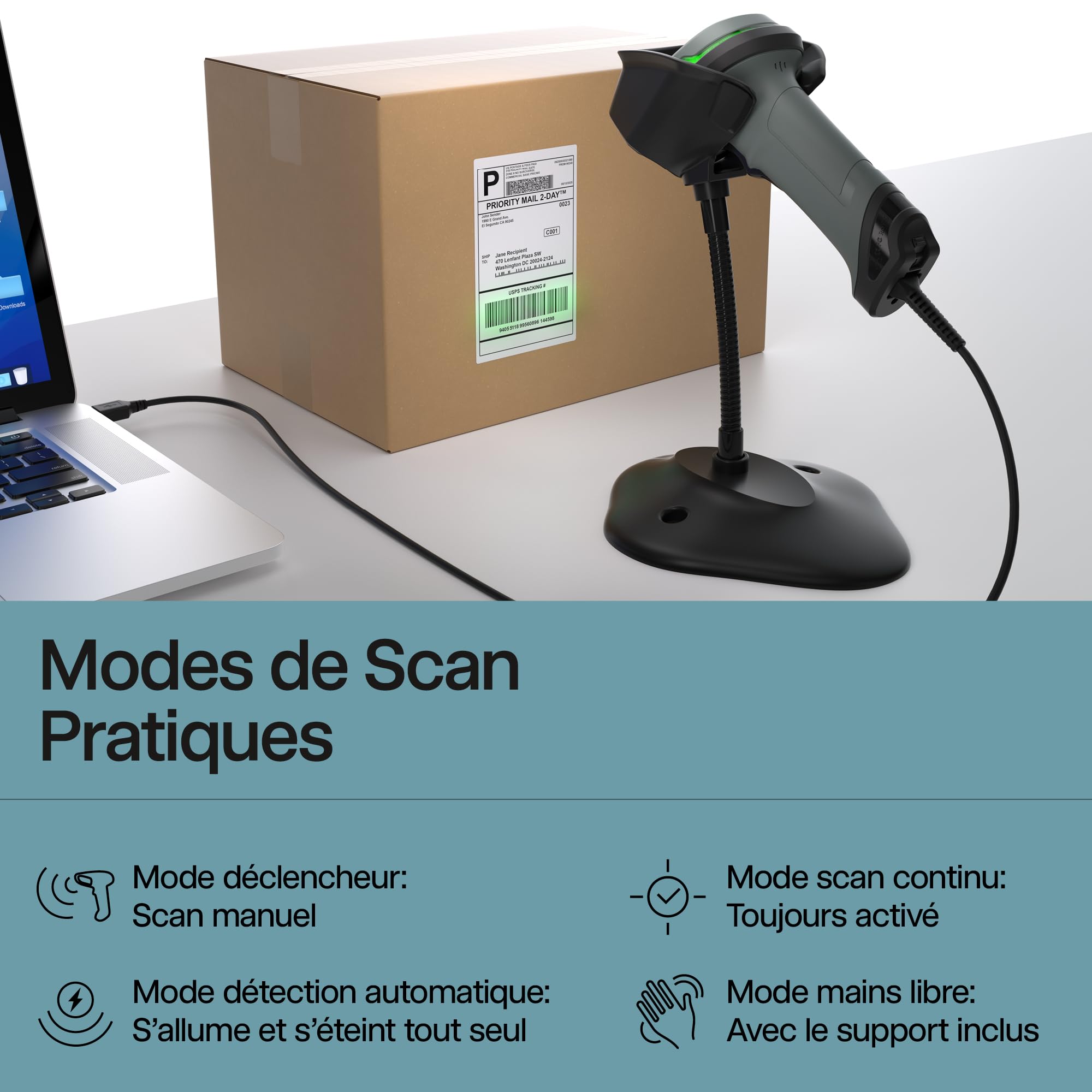 Safescan 330-W - Scanner de Codes-Barres - Lecture des Codes-Barres 1D et 2D - Même endommagés ou colorés - Scanner Filaire avec câble USB - Scanner de Codes QR - Plug & Play - Support Inclus