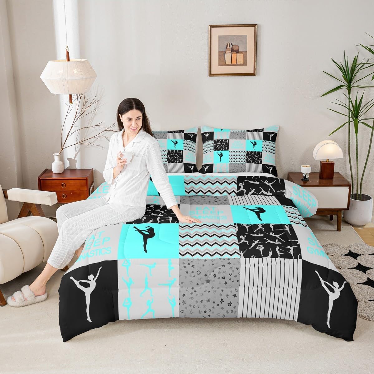 Gymnastics Comforter Set Queen Size Geometric Patchwork Plaid Bedding Set Dancing Sports Lover Quilt Set for Kids Girls Women Gymnast Room Decor Black Green Grey Stripes Duvet Insert 3Pcs