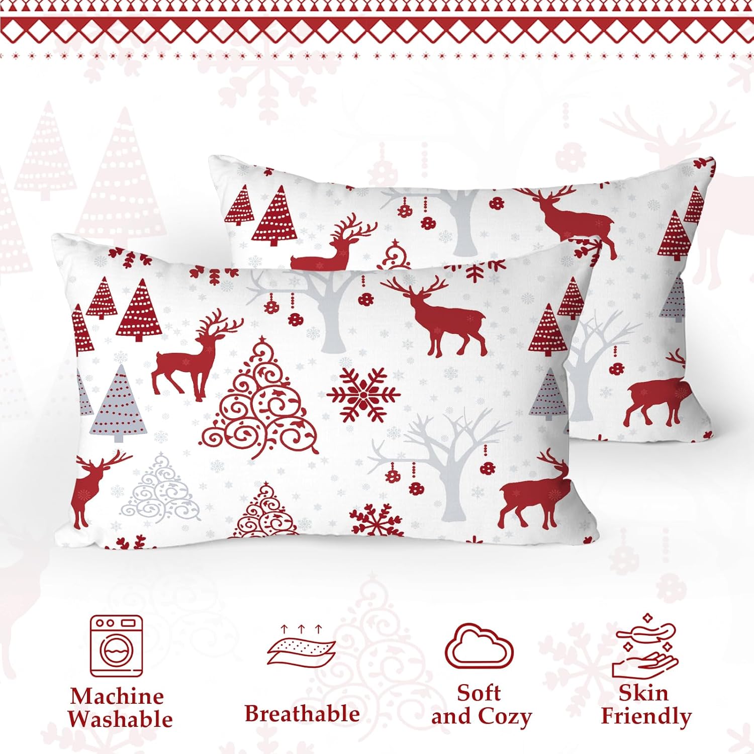 DJY Christmas Pillow Covers, Red Christmas Reindeer Tree Print Throw Pillow Cover Decorative 20 x 28 Inch Set of 2 Rectangle Pillow Cases Protector Home Winter Holiday Decortion for Couch Bed Sofa