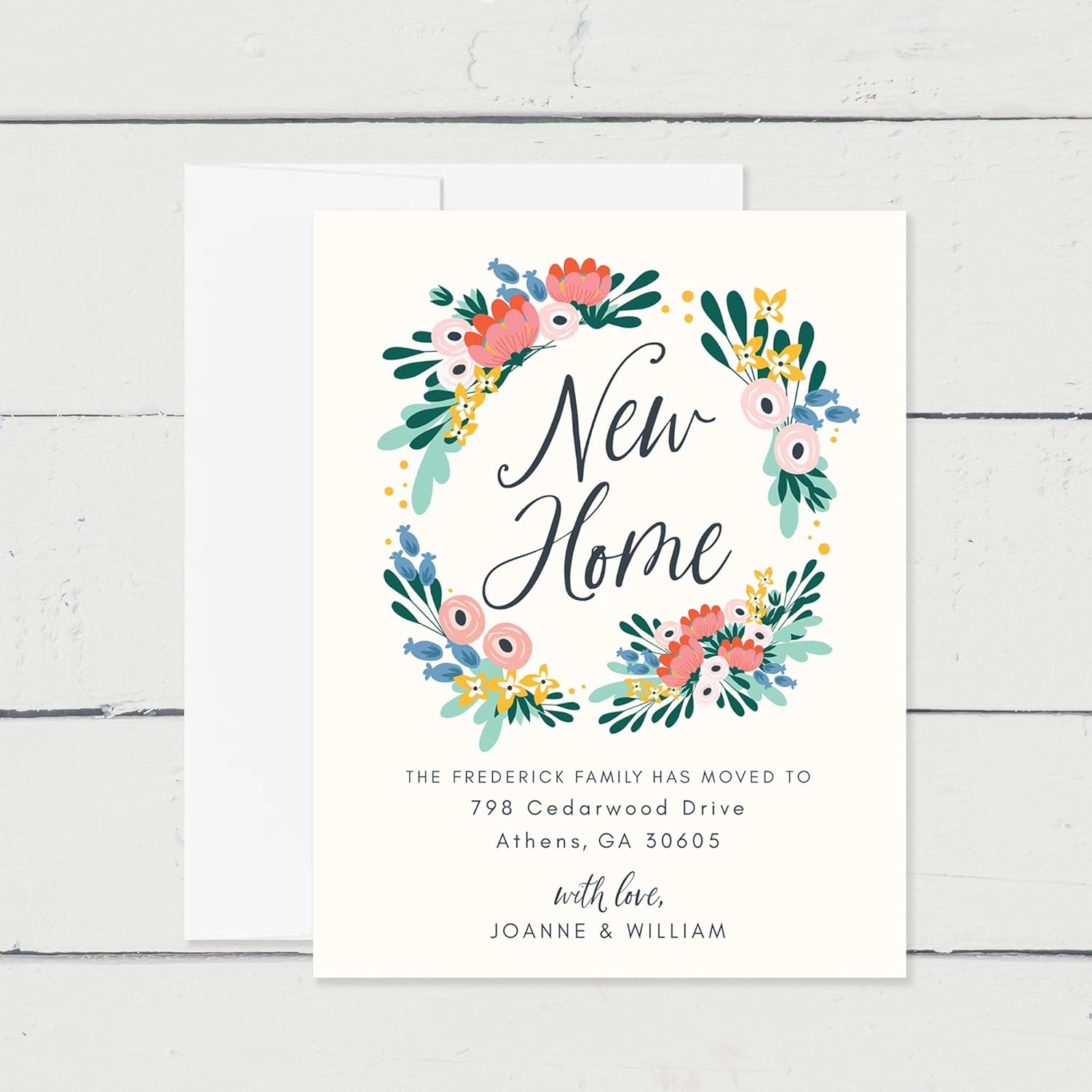 New Home Moving Announcement Cards, Flat 4.25x5.5 Personalized Modern Floral Change of Address Cards with White Envelopes