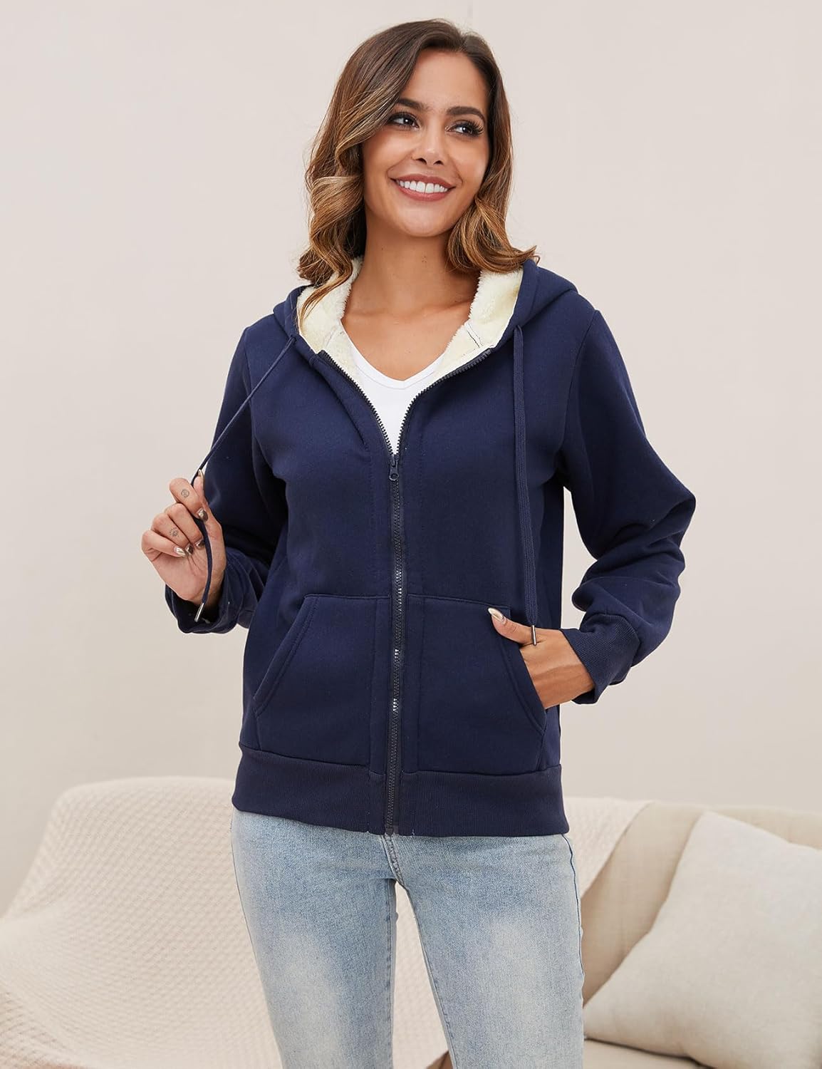 Gihuo Women's Sherpa Lined Hooded Sweatshirt Zip Up Winter Warm Hoodie Comfy Hooded Fleece Jacket - Image 5