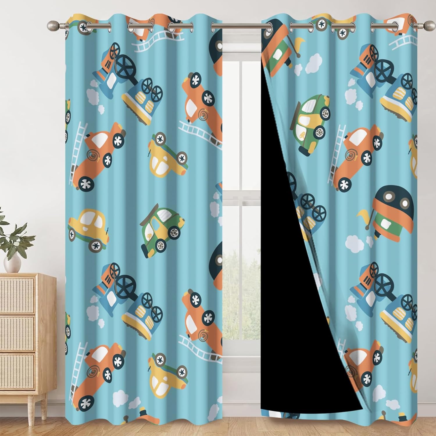 AWERT Cartoon Car Blackout Curtains 63 Inches Long 2 Panels Colorful Cars Blue Window Drapes Room Darkening Thermal Insulated for Boys Children Bedroom Living Room Each Size 53x63 Inches