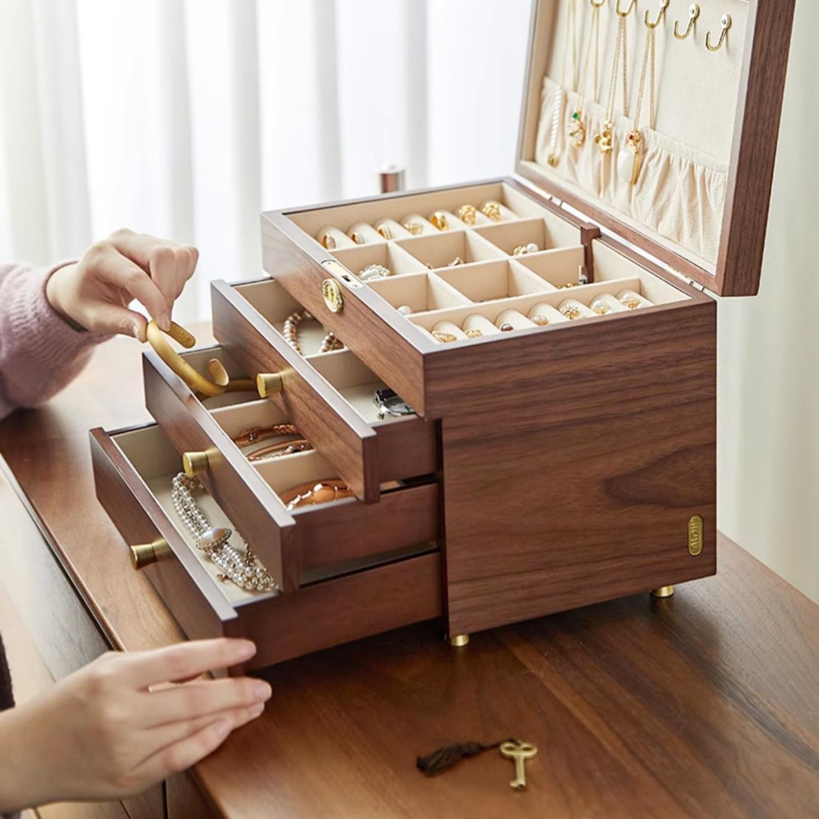 Drewniane pudełko na biżuterię w stylu vintage, przenośny, podróżny organizer na biżuterię, do zegarka, naszyjnik, pierścionek, kolczyki, duża pojemność